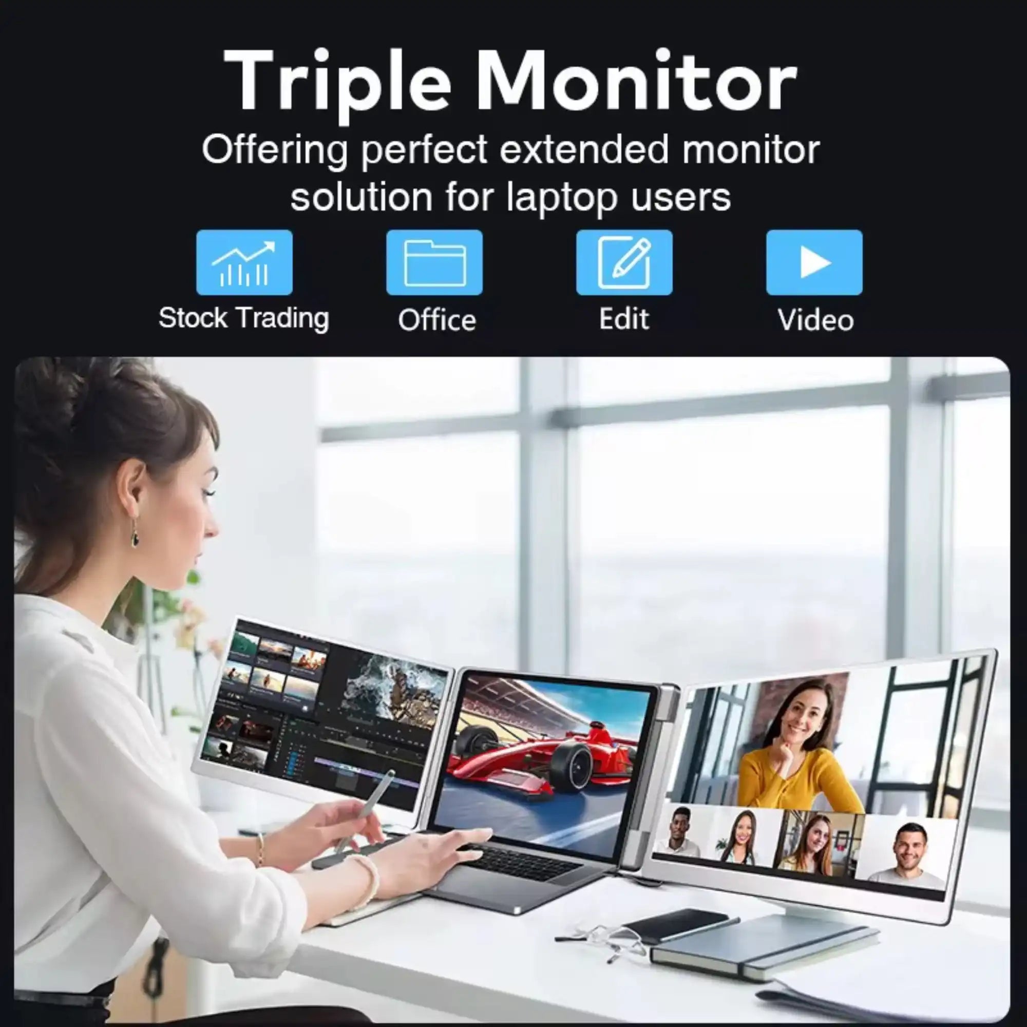Woman using portable triple monitor setup for laptop, office work, and video call at desk TUTT