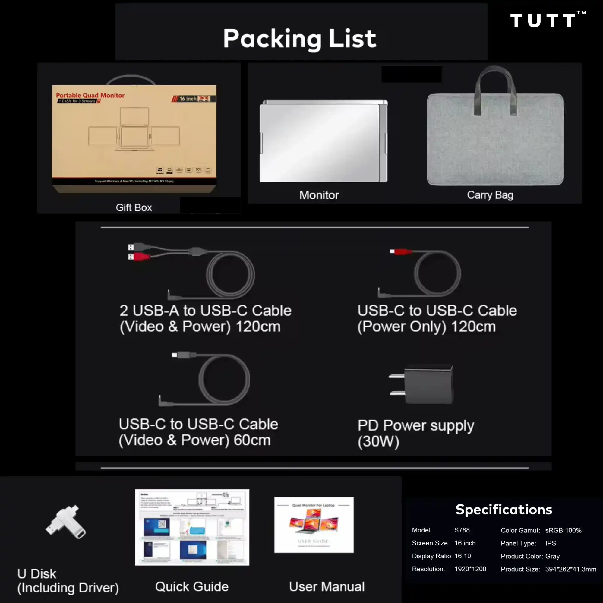 TUTT triple screen portable monitor accessories packing list, cables, case, and user manuals shown TUTT