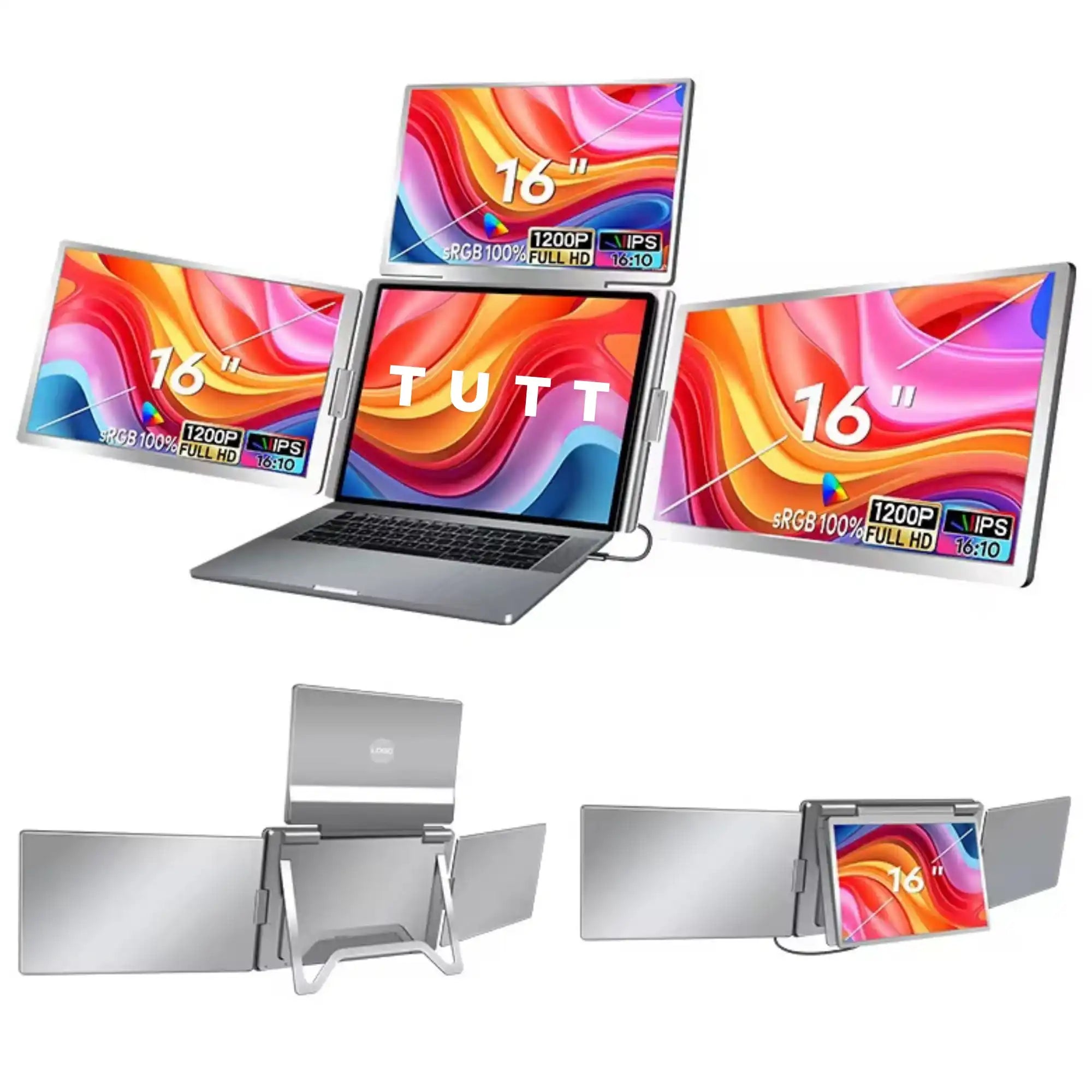 Triple portable monitor setup for laptops, 16-inch 1200P IPS screens, colorful display, TUTT