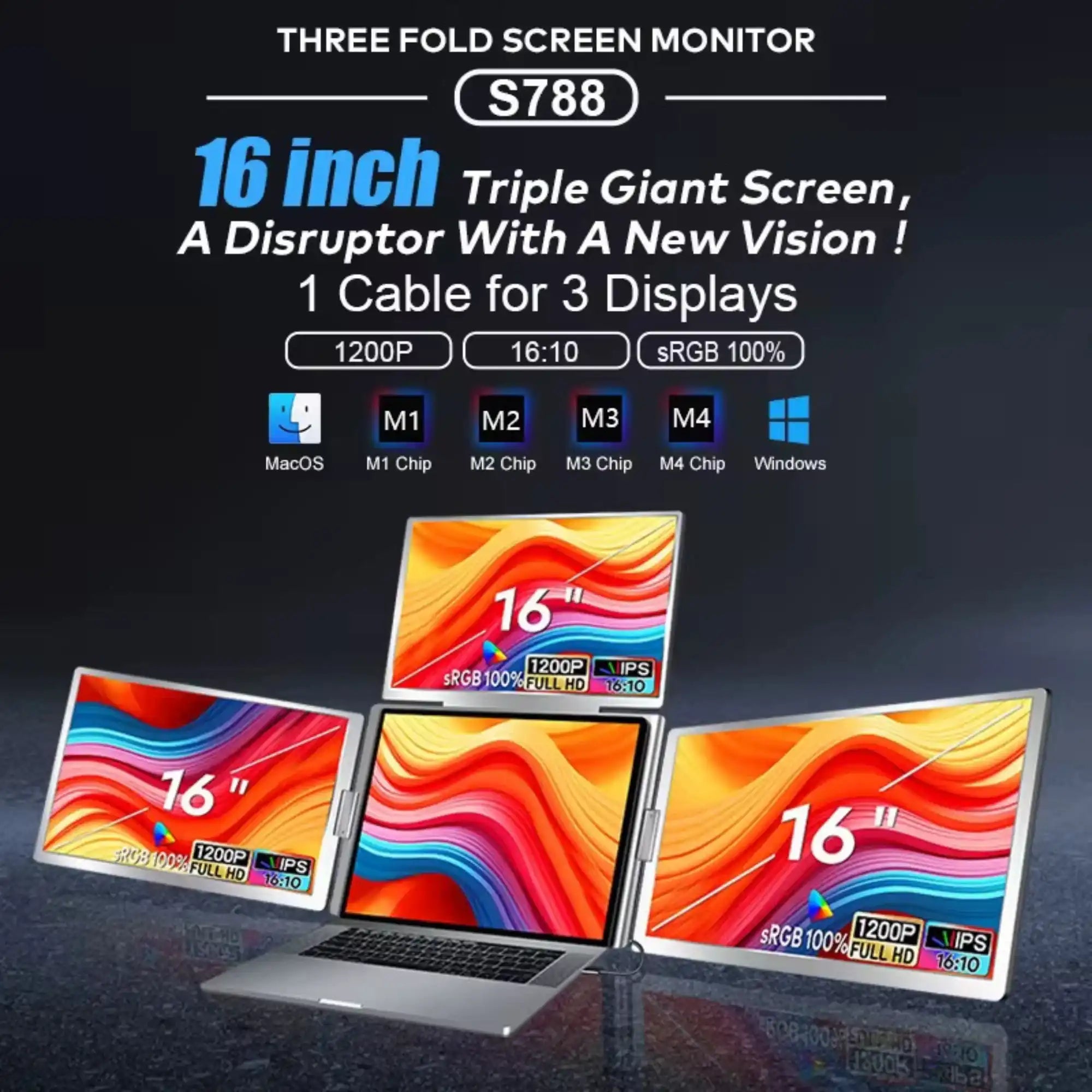 Triple portable monitor S788 with three 16-inch foldable screens, 1200P Full HD, displayed on a laptop, TUTT