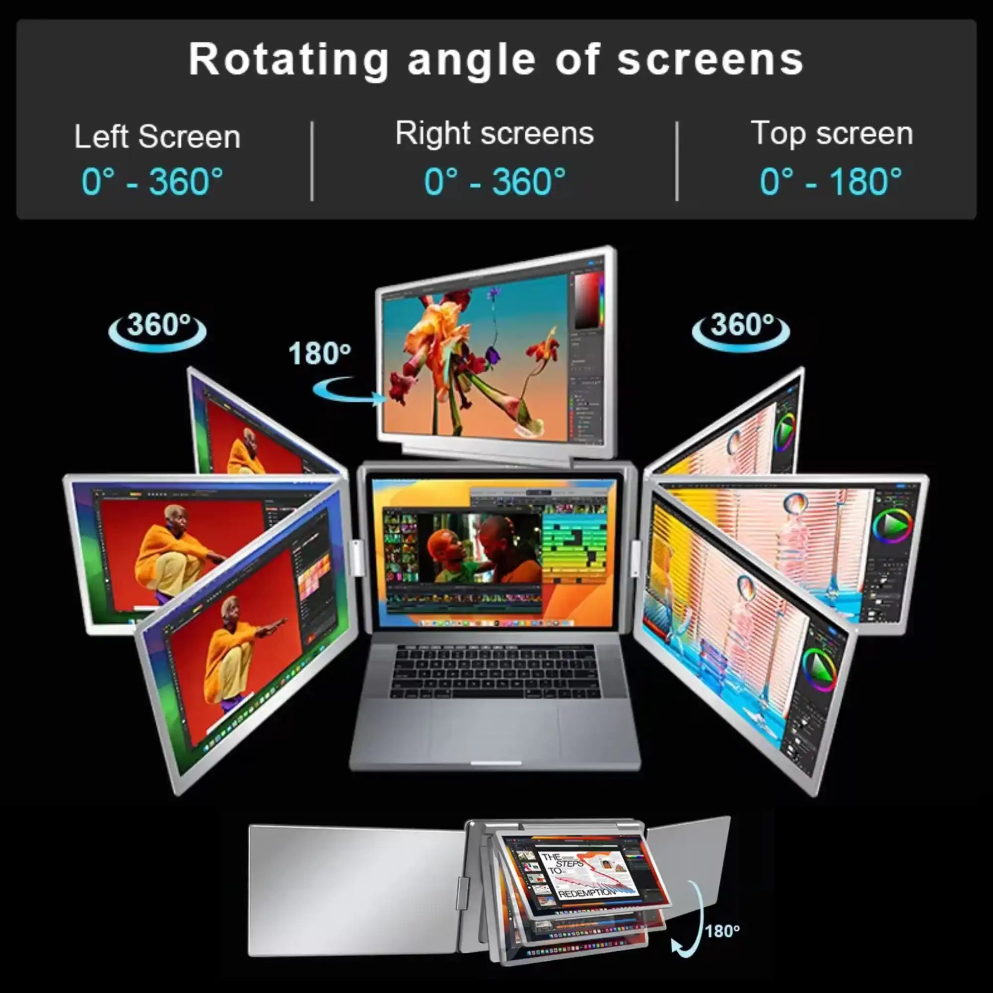 Triple screen portable monitor attached to laptop, screens rotating 360 and 180 degrees, on black background, TUTT