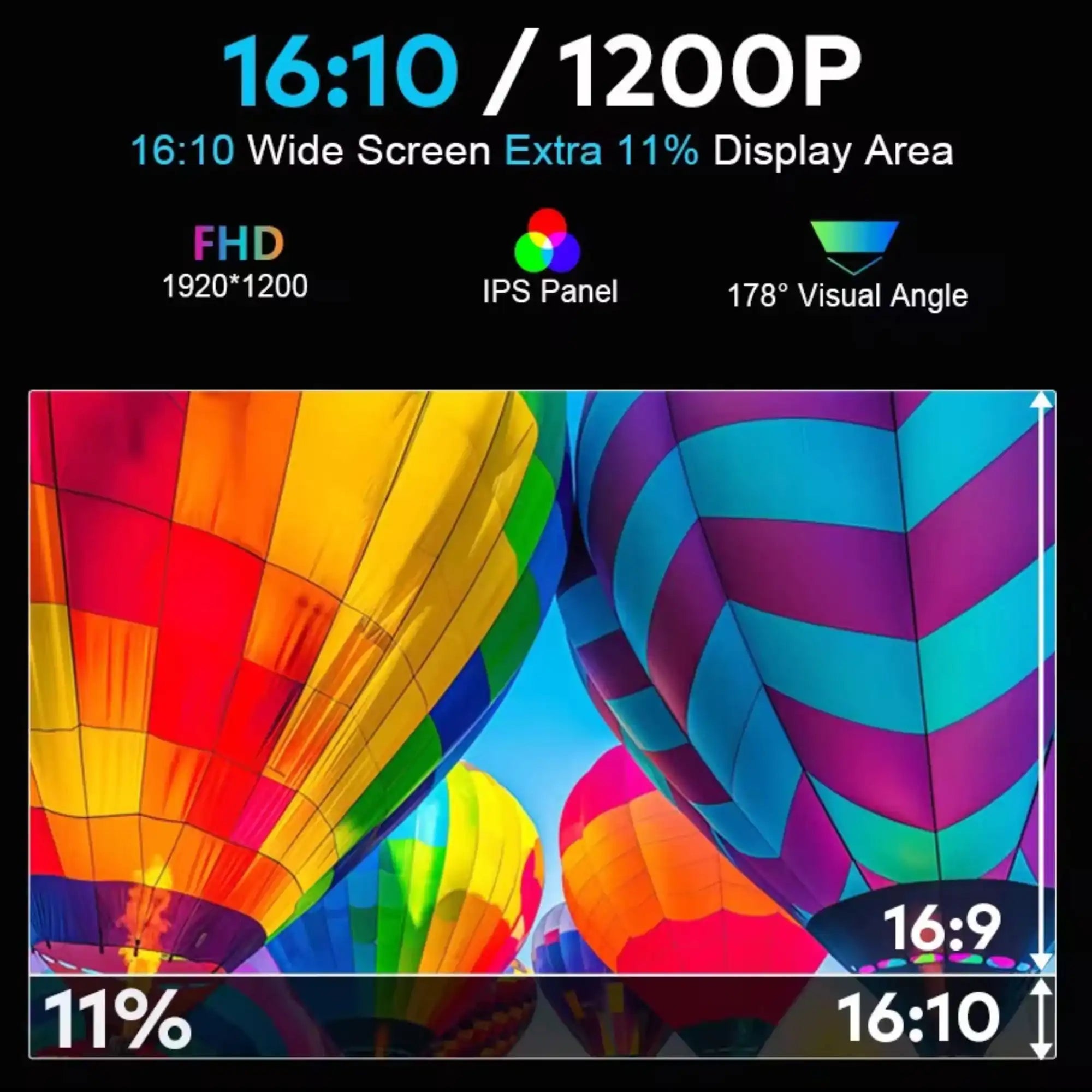 16:10 1200P triple screen portable monitor comparison with hot air balloons, FHD IPS panel, wide angle, TUTT