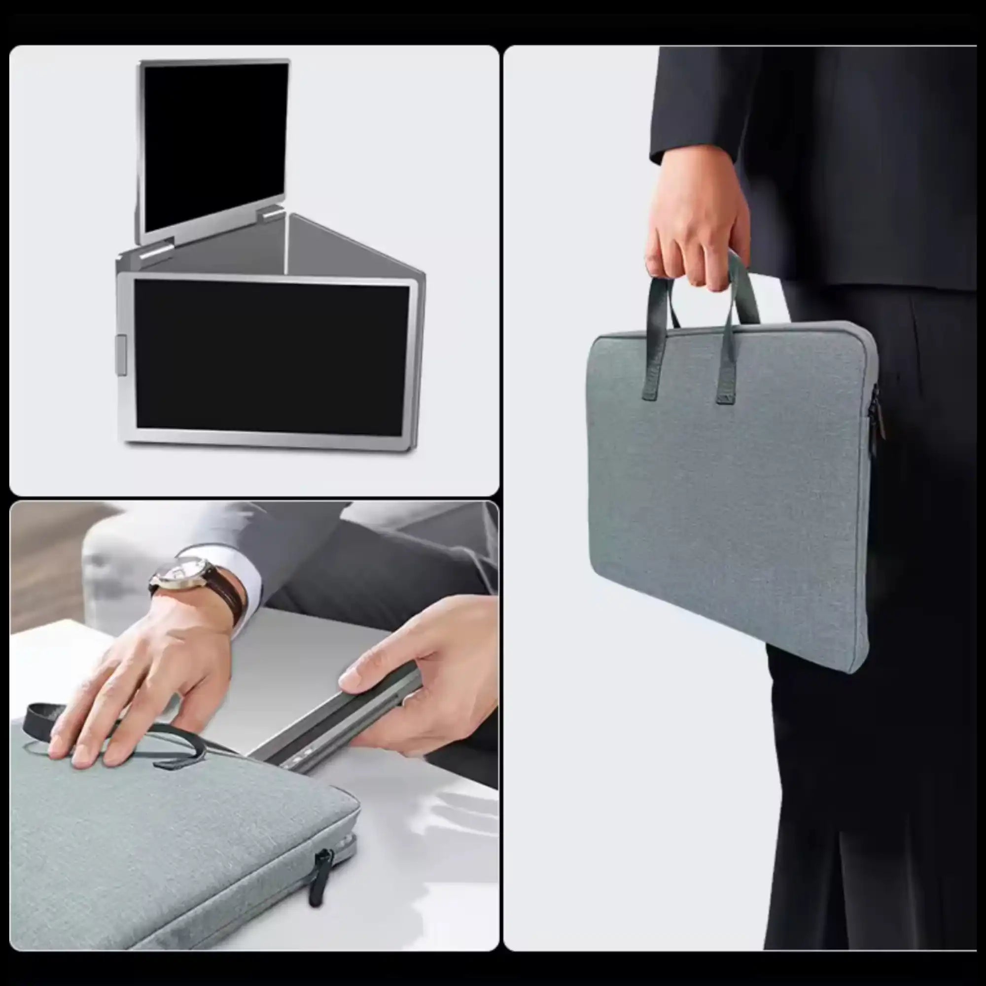 Triple screen portable monitor with carrying case and person holding grey laptop bag TUTT