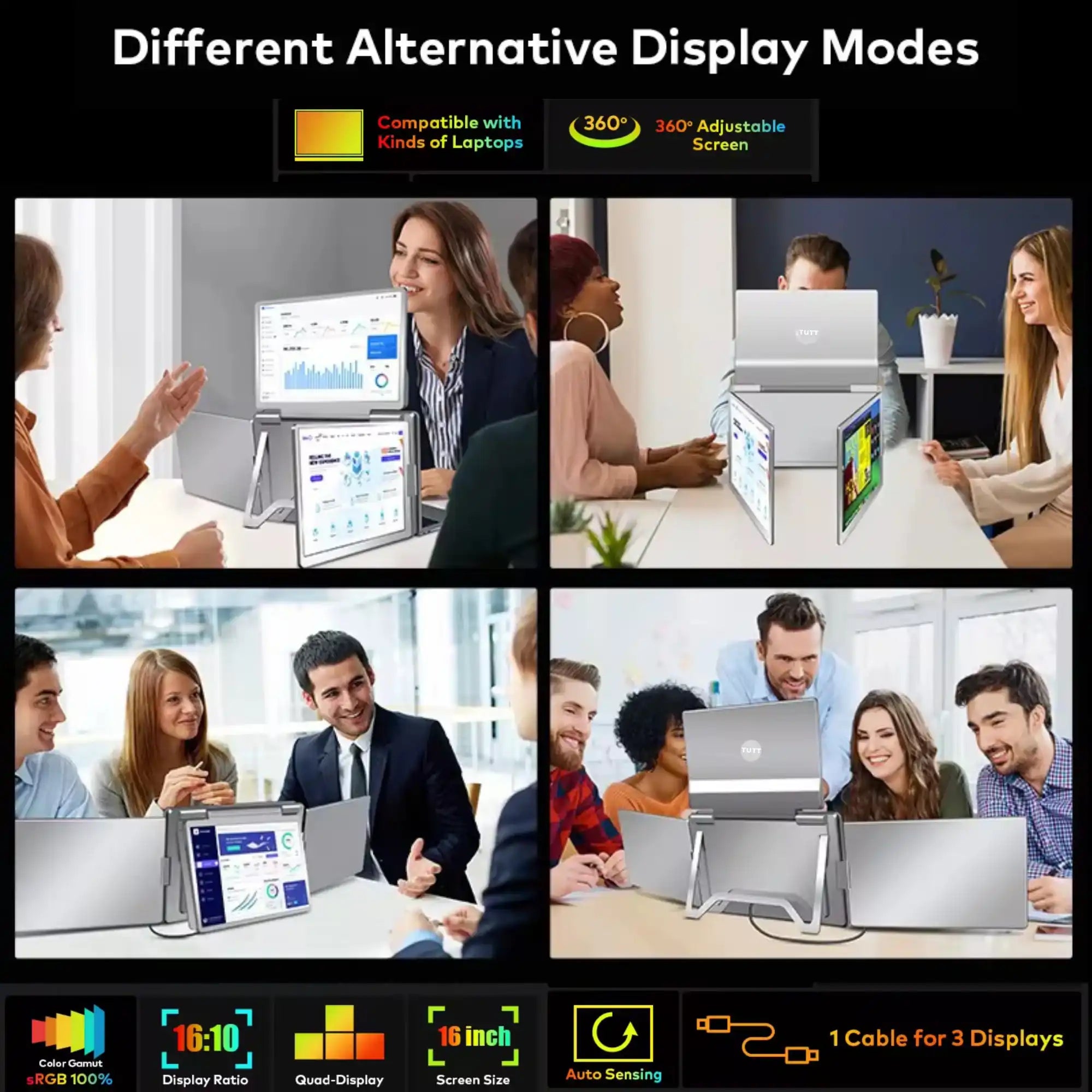Office teams using TUTT S788 triple screen portable monitor with laptops, multi-display setup TUTT