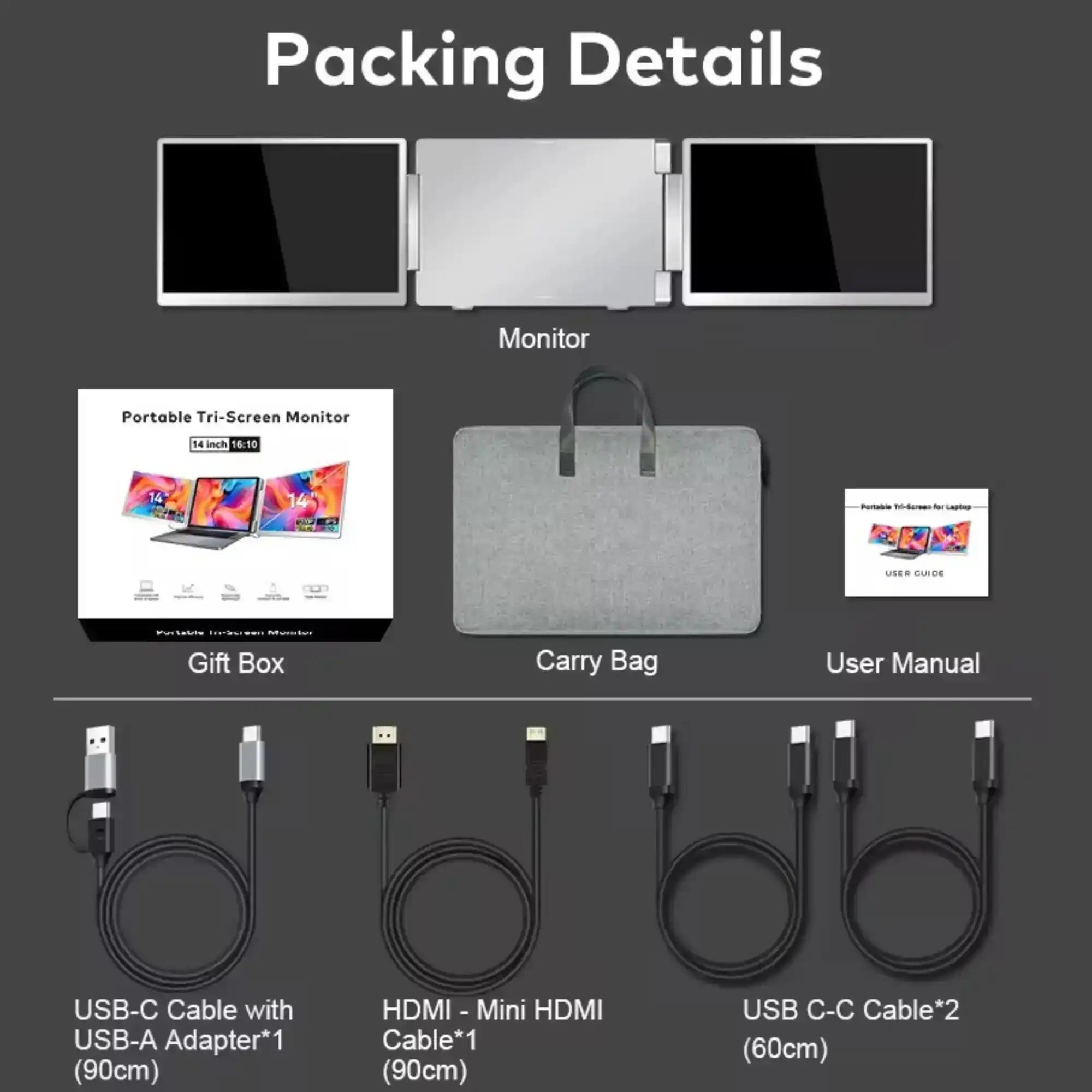 Portable tri-screen laptop monitor kit with carry bag, user manual, cables, and gift box. TUTT