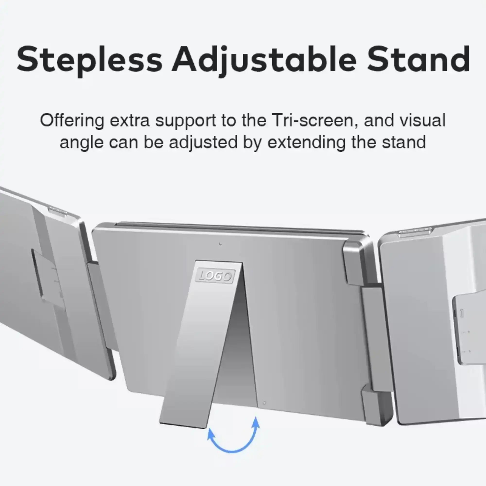 Tri-screen portable laptop monitor with stepless adjustable stand, silver color, TUTT