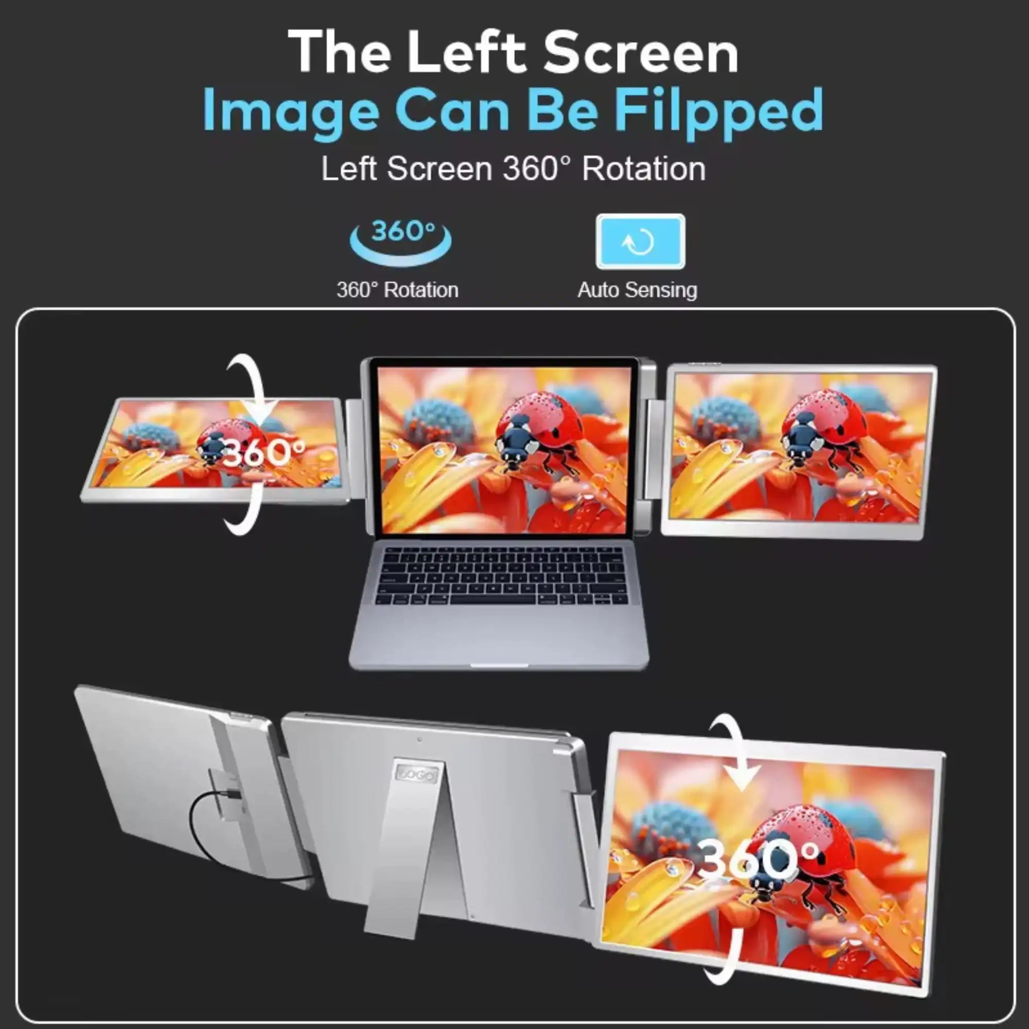 Portable laptop monitor with dual screens, 360-degree rotation, displaying a ladybug image, TUTT