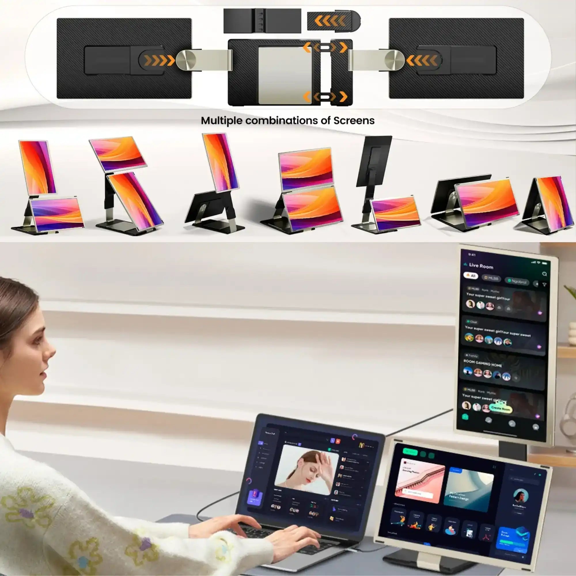 Portable laptop monitor screen extender setup with multiple screen combinations and user workspace TUTT