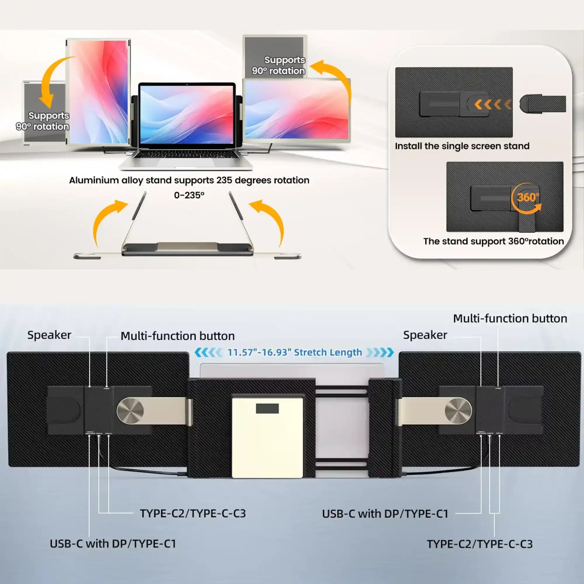 Portable laptop monitor extender with 235-degree rotation, USB-C ports, and 360° stand, TUTT