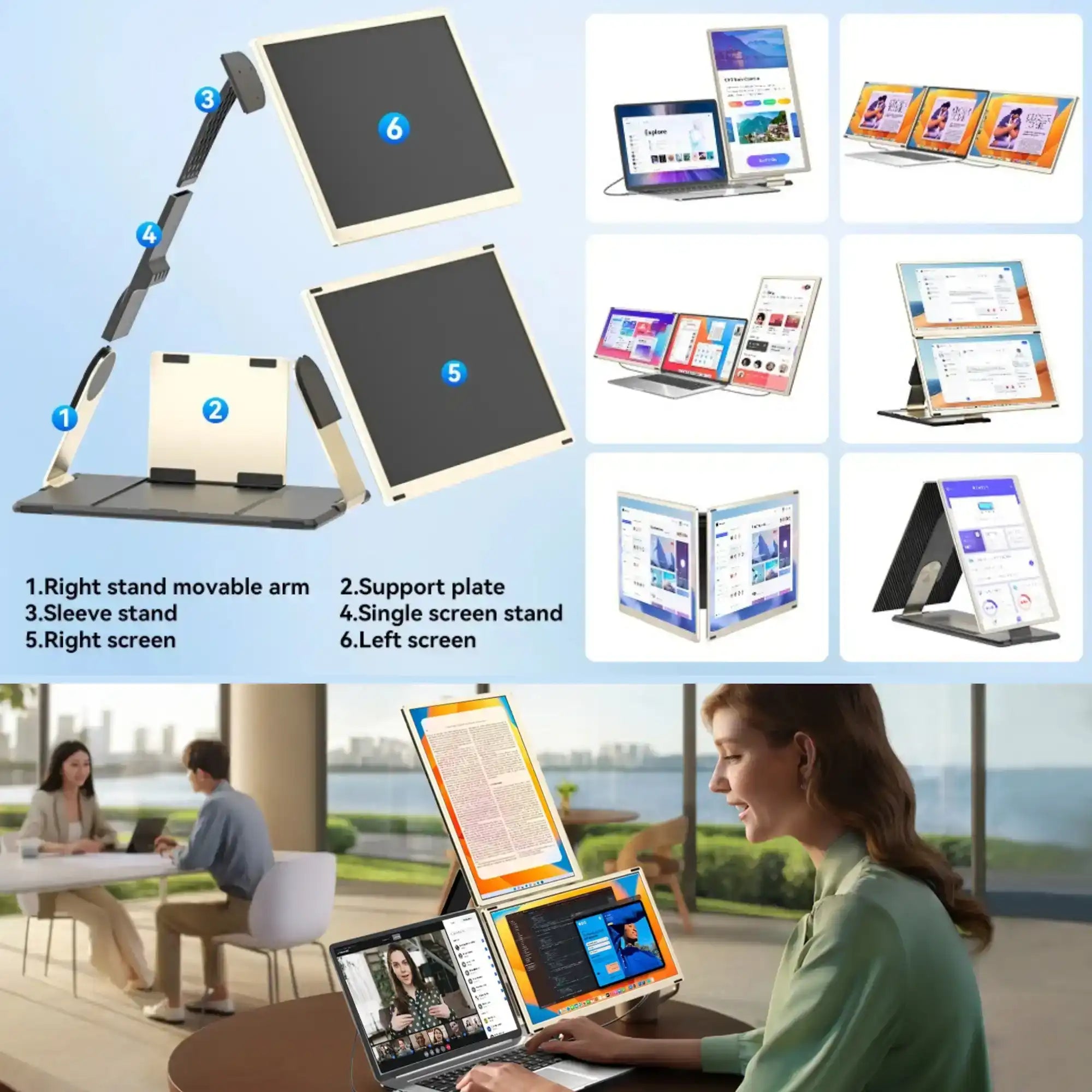 Portable laptop screen extender setup diagram and multiple monitor configurations, woman working at desk, TUTT