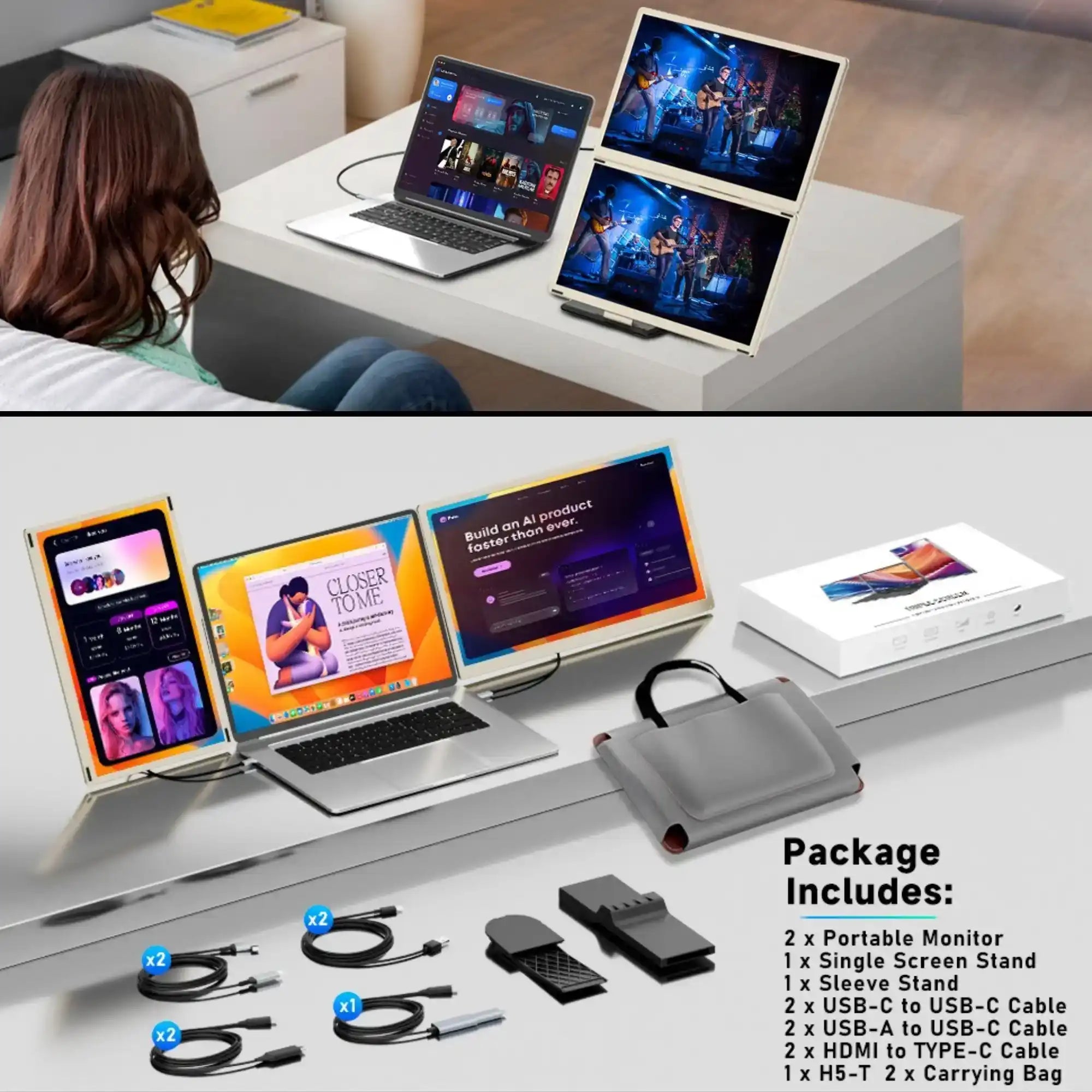 Laptop with dual portable monitor screen extenders, accessories, and packaging, TUTT