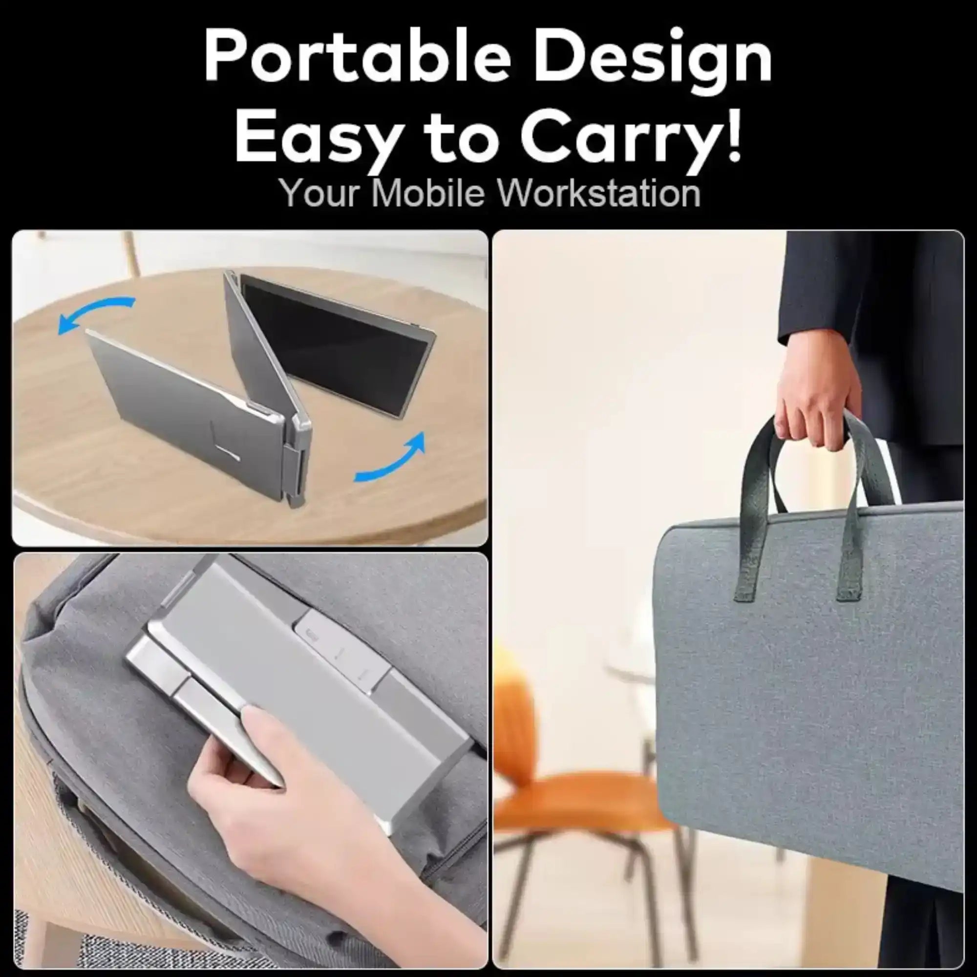 Portable folding laptop monitor shown on table, being packed in bag, and carried in case, TUTT