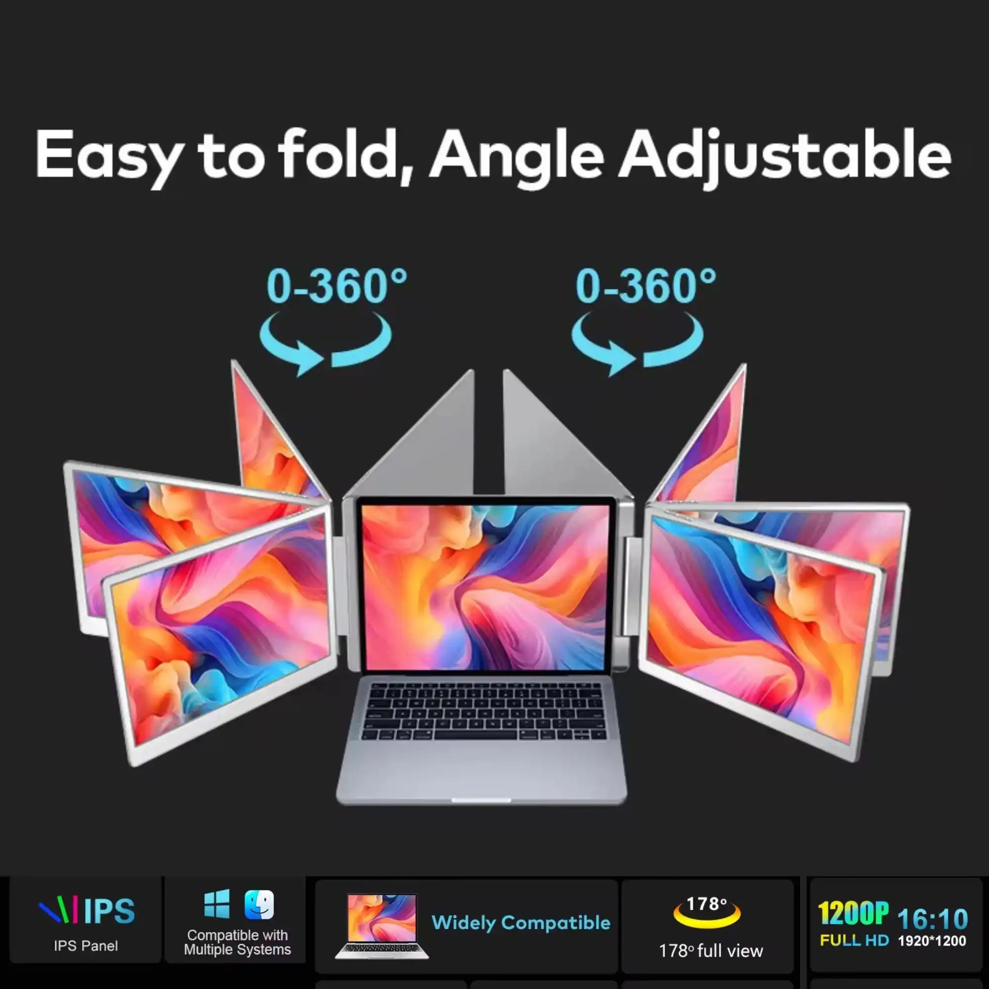 Portable laptop monitor with dual foldable screens, 360-degree adjustable, IPS, 1200p HD, TUTT