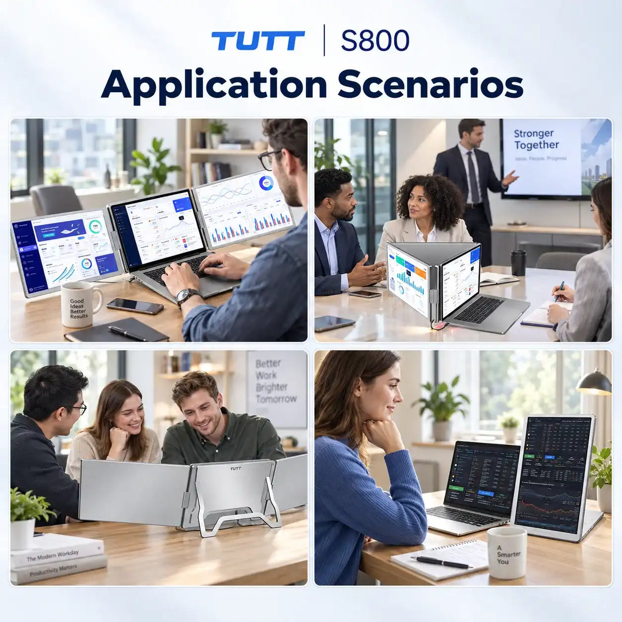 TUTT™ S800 laptop screen extender shown in various professional office and productivity settings.