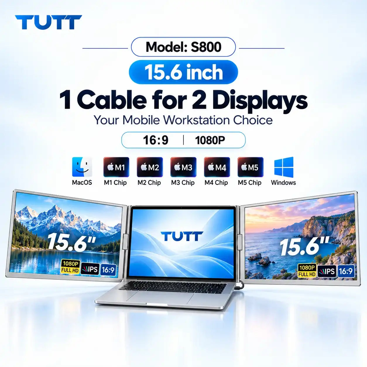 TUTT™ S800 15.6-inch dual screen laptop extender for Mac and Windows, featuring 1080P Full HD IPS displays.
