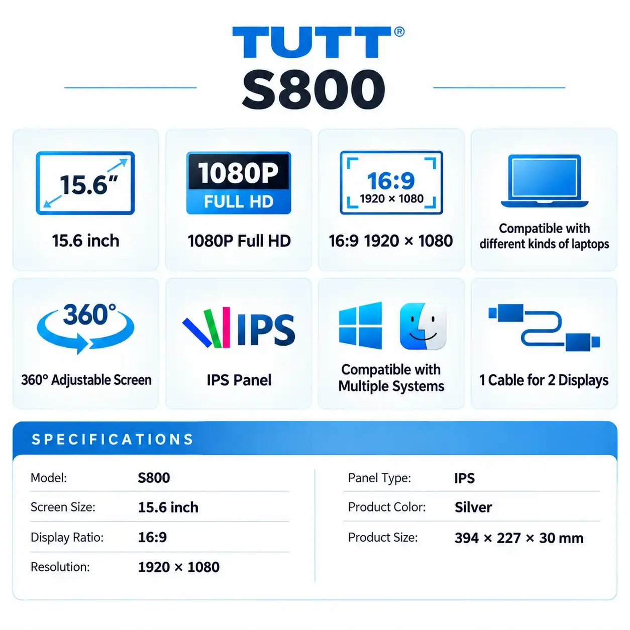 TUTT™ S800 15.6 inch portable monitor specifications showing 1080P resolution and IPS panel.