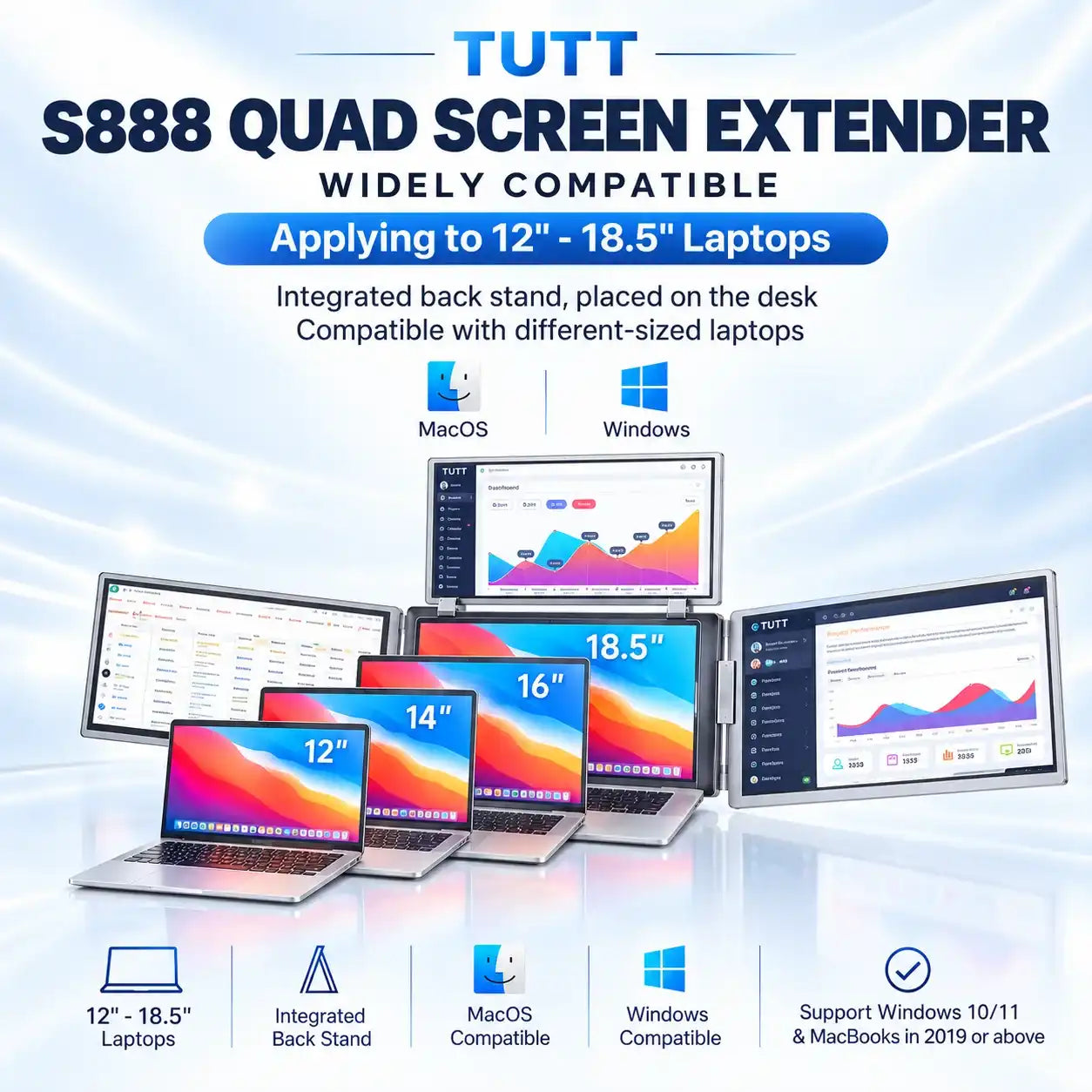 TUTT™ S888 Quad Laptop Screen Extender compatible with 12 to 18.5 inch Mac and Windows laptops.