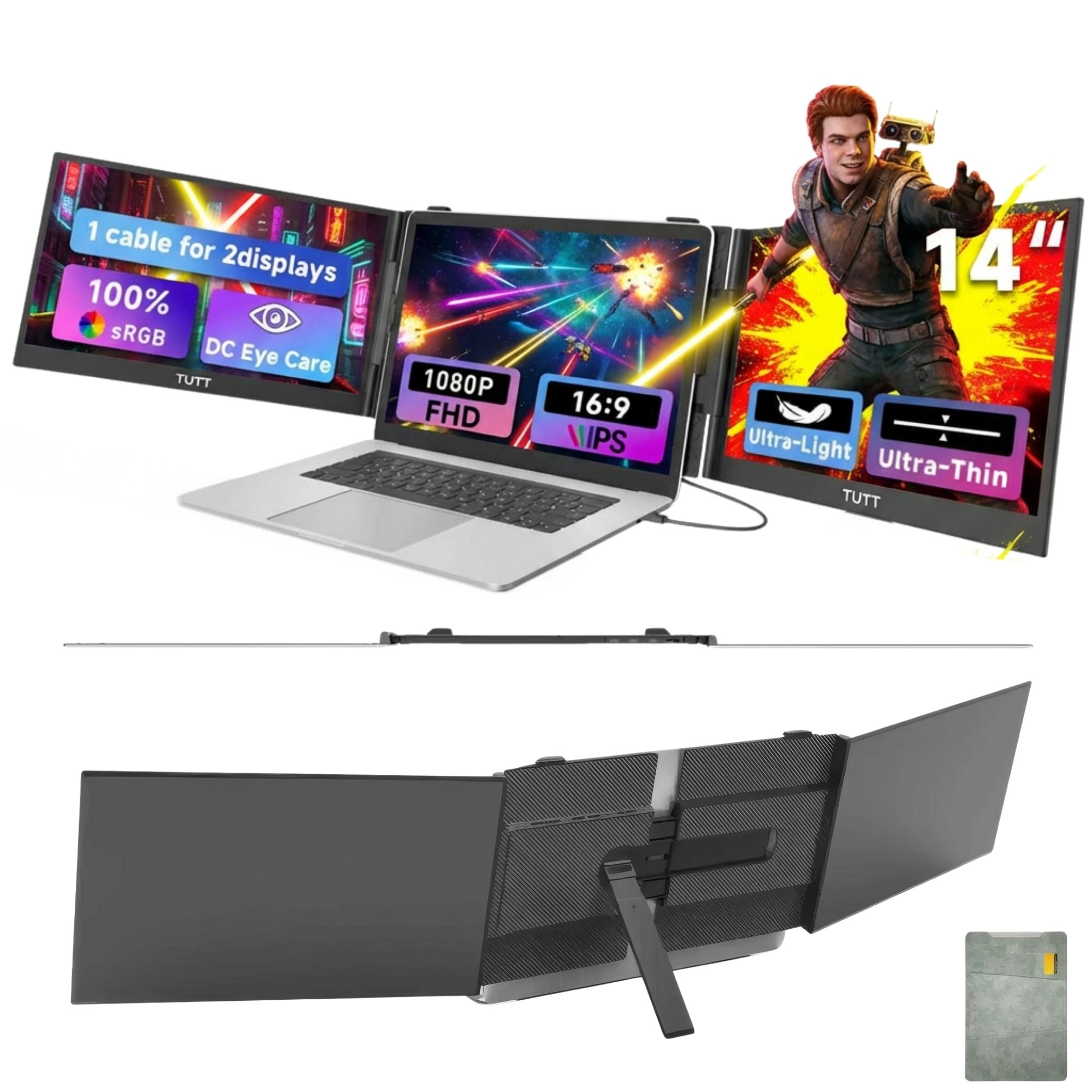 TUTT S8Ultra 14” Portable Monitor for Laptop | Single Cable Connection | Ultra Slim-Light | Plug & Play USB-C | Laptop Screen Extender for Mac/Win