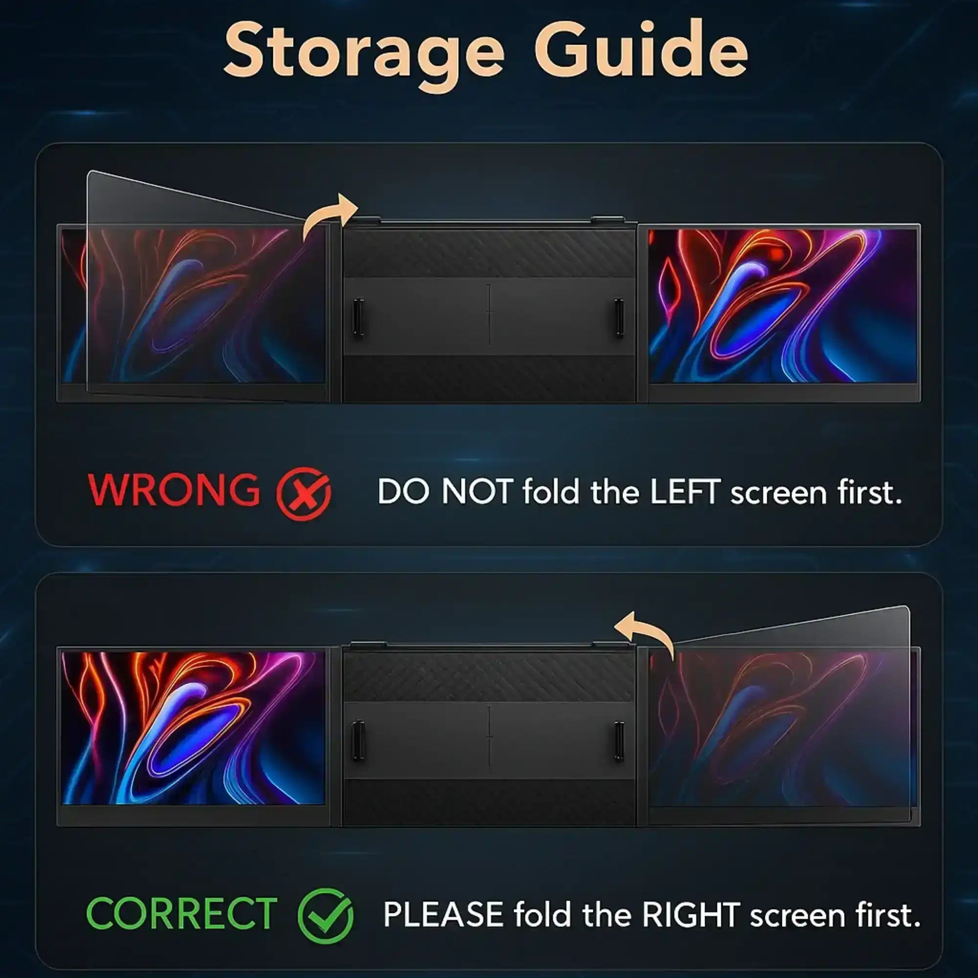 Storage guide for TUTT S8 Ultra portable monitor showing correct and incorrect folding instructions TUTT