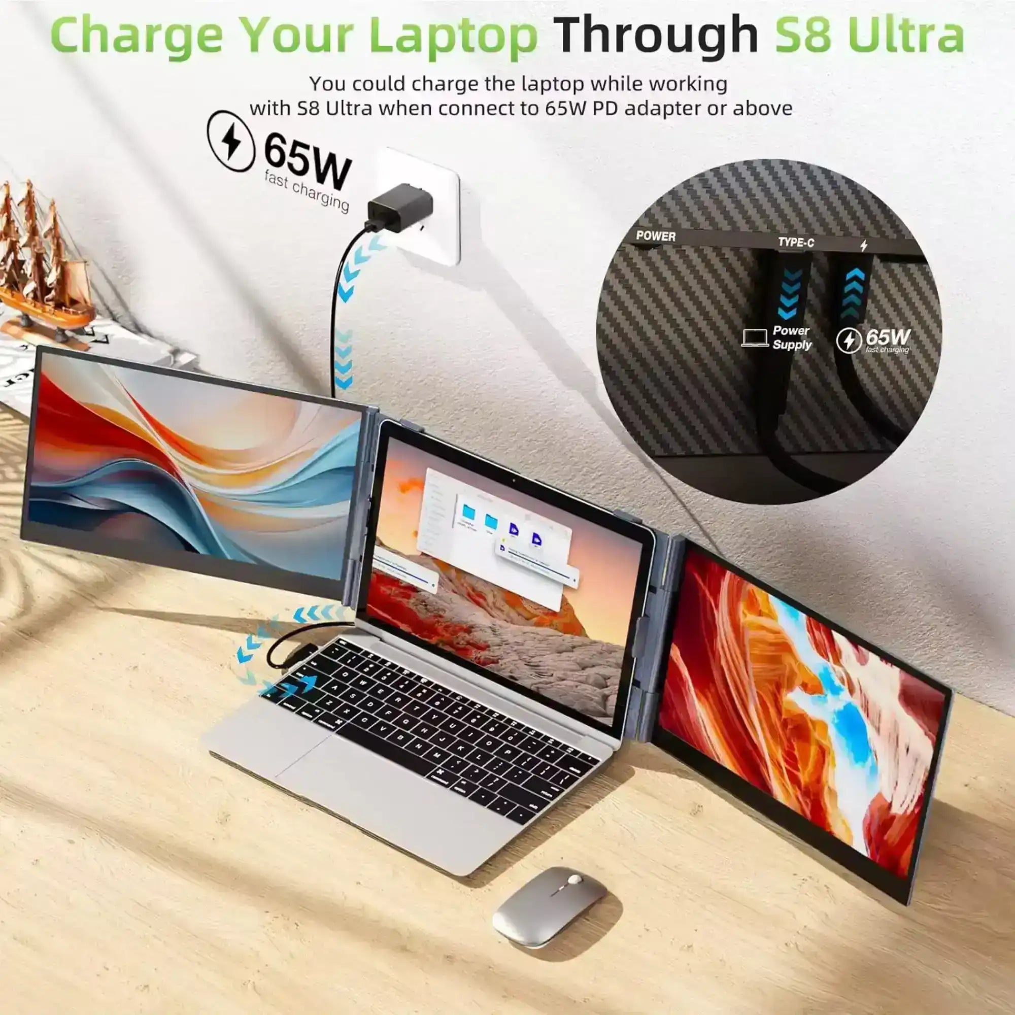 Laptop with S8 Ultra portable monitor dual screen extender, 65W fast charging shown on desk, TUTT