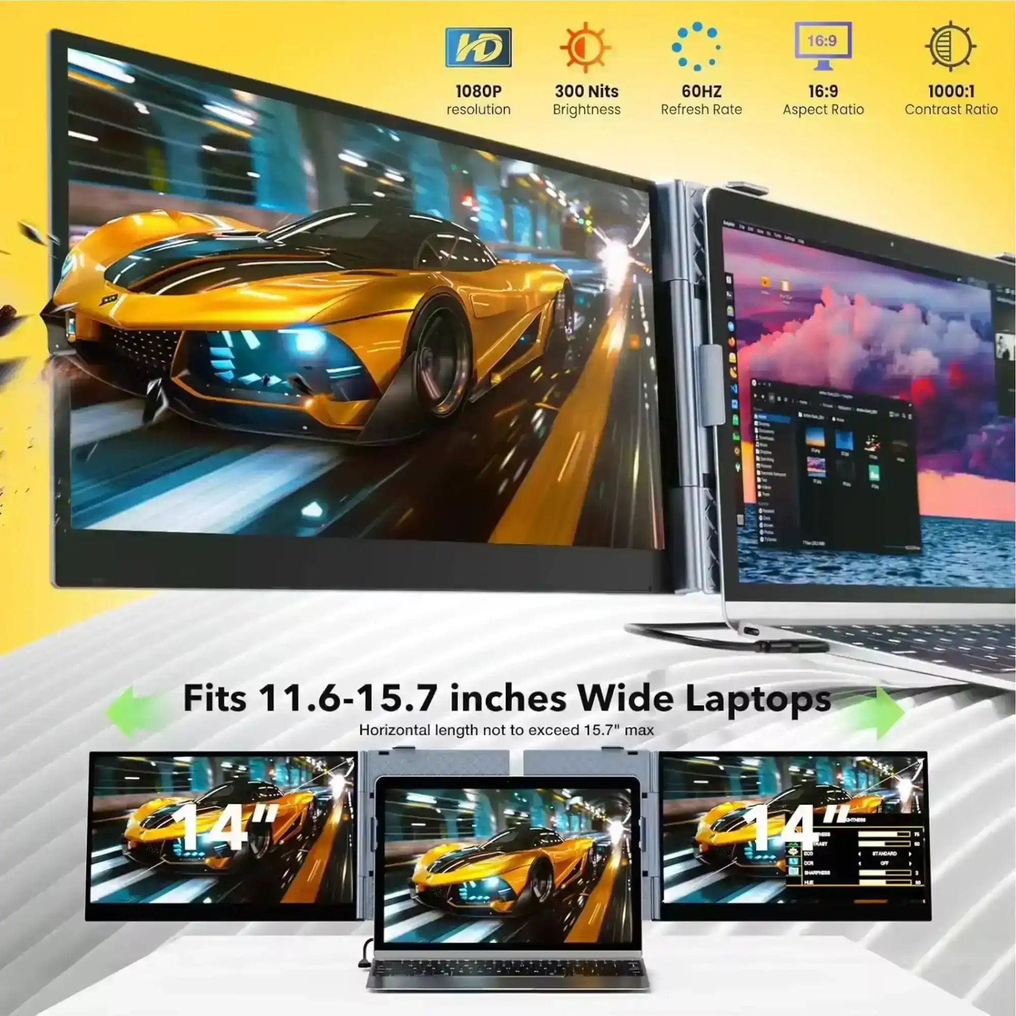 TUTT S8 Ultra portable monitor for laptop with vibrant screens and product features displayed TUTT