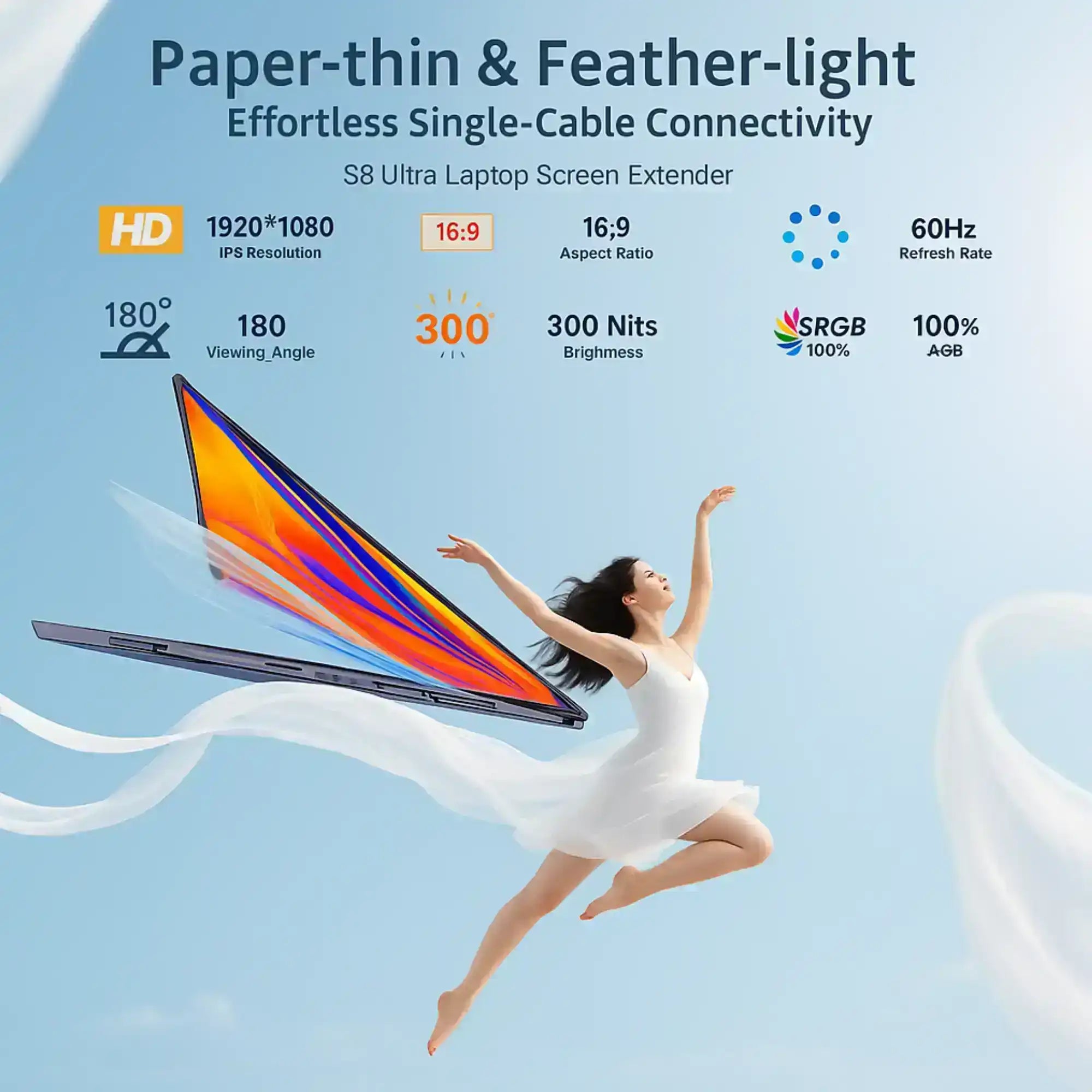 Woman in white dress leaps near a thin, colorful laptop screen extender, S8 Ultra features shown. TUTT