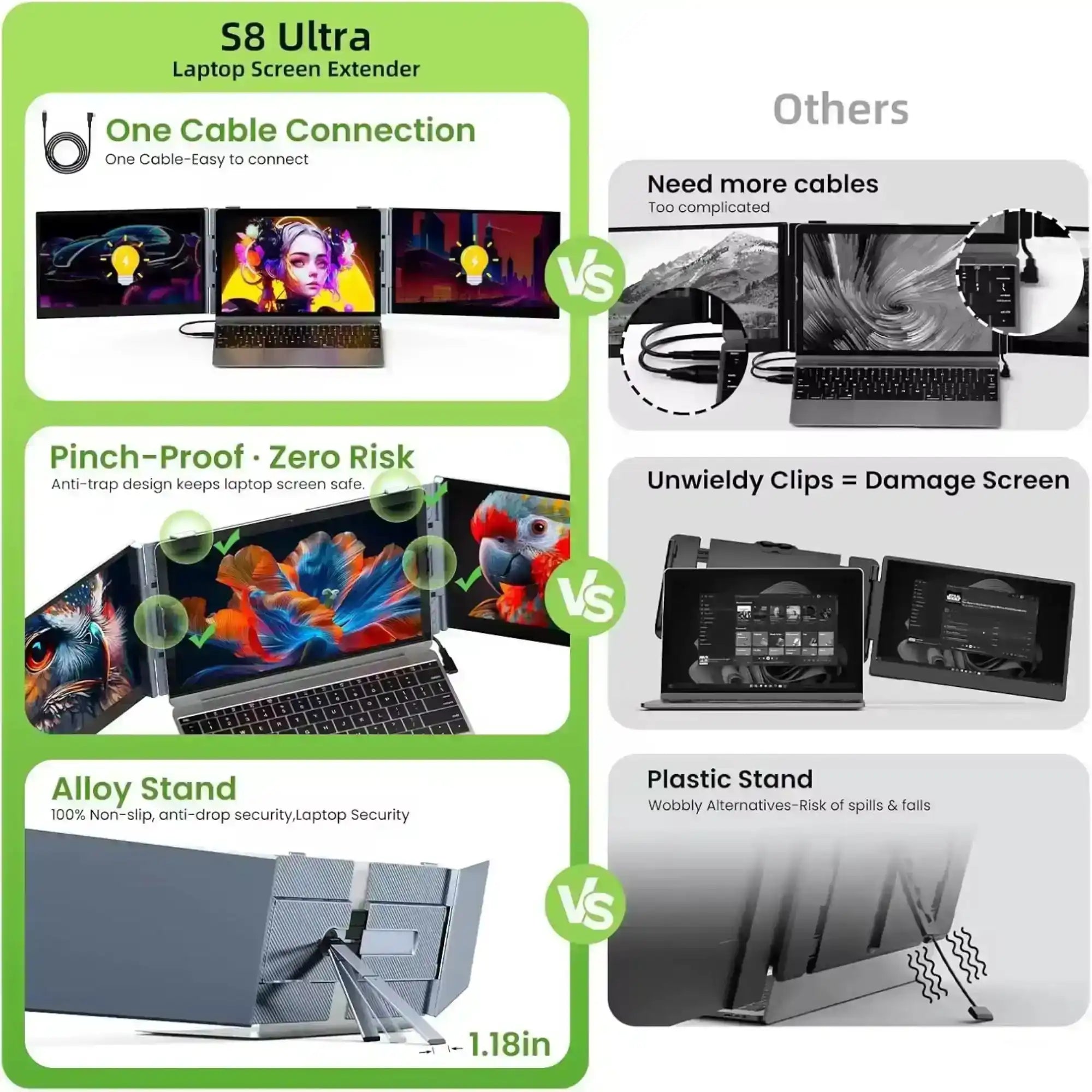 S8 Ultra portable monitor screen extender for laptops with one cable connection, anti-pinch design, and alloy stand compared to other screen extenders using more cables, unwieldy clips, and plastic stands, TUTT