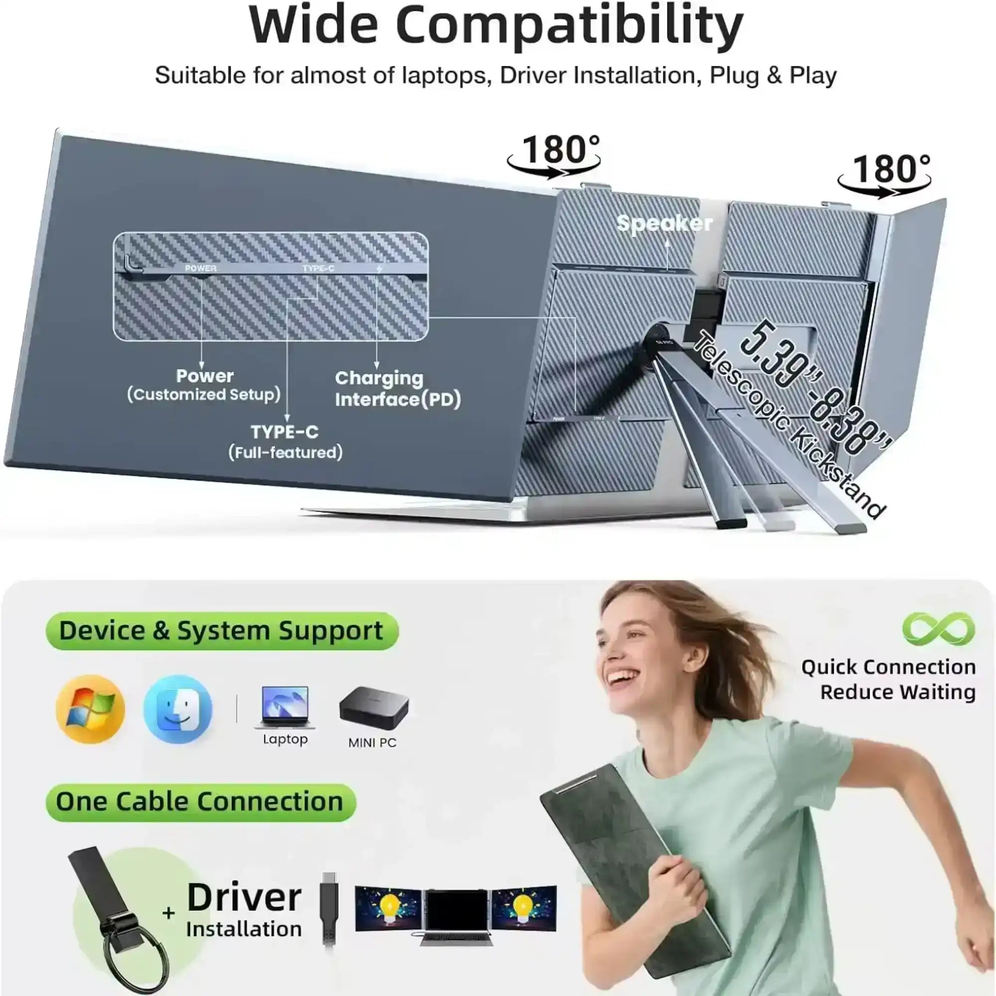 TUTT S8 Ultra portable laptop monitor screen extender, rear view showing ports, kickstand, and wide compatibility, with a woman holding the device. TUTT