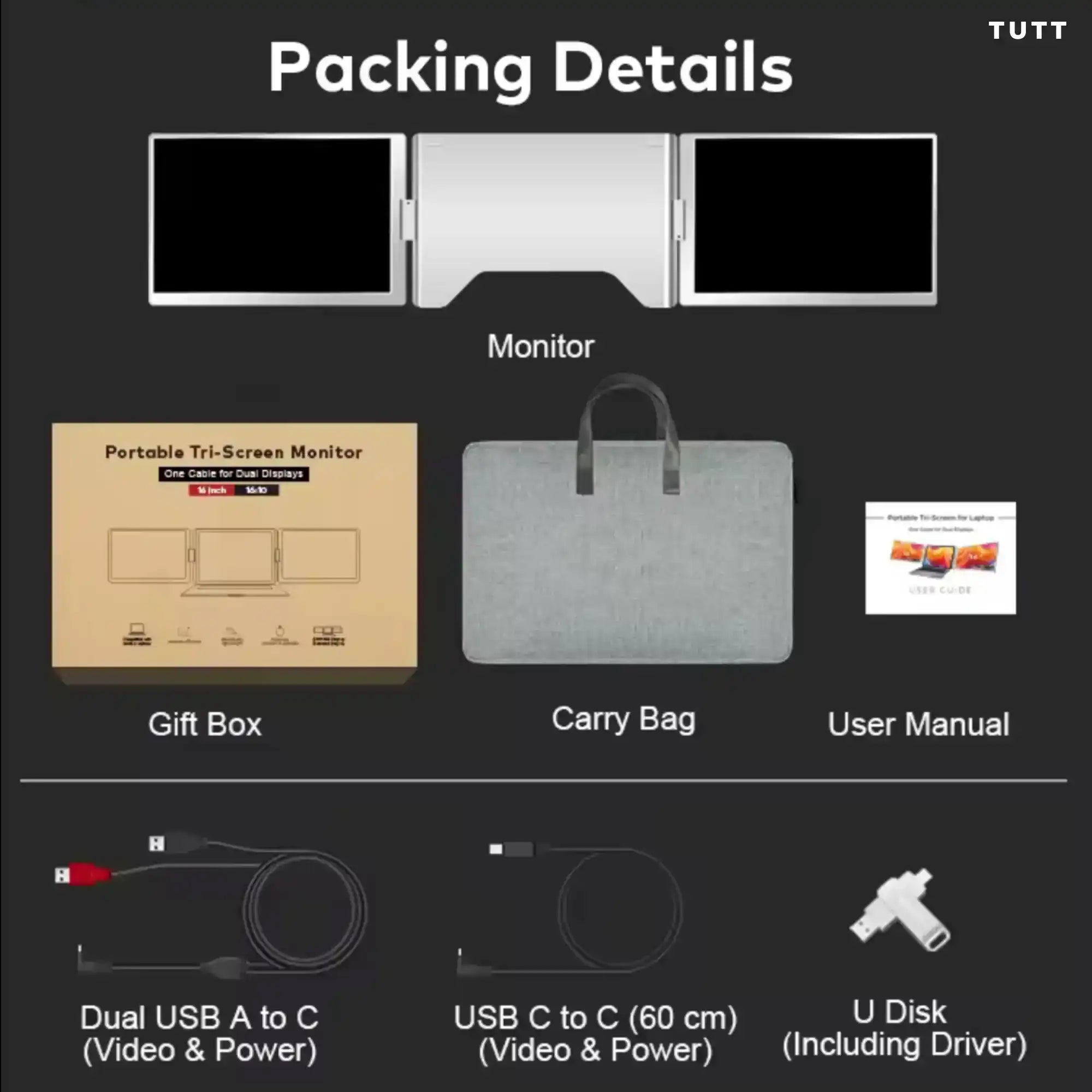 TUTT S900 dual screen portable monitor packing details with accessories and carry bag TUTT