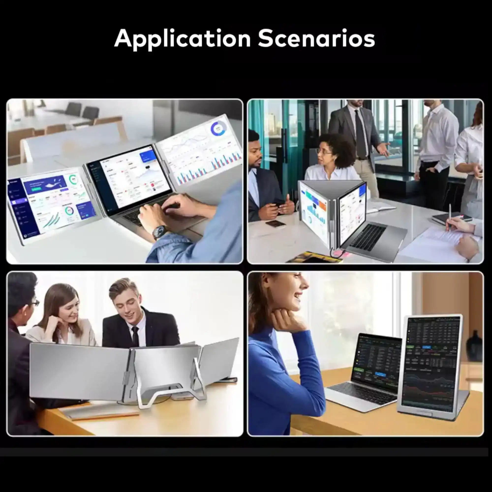 Business professionals using TUTT S900 dual screen portable monitor with laptops in office settings TUTT
