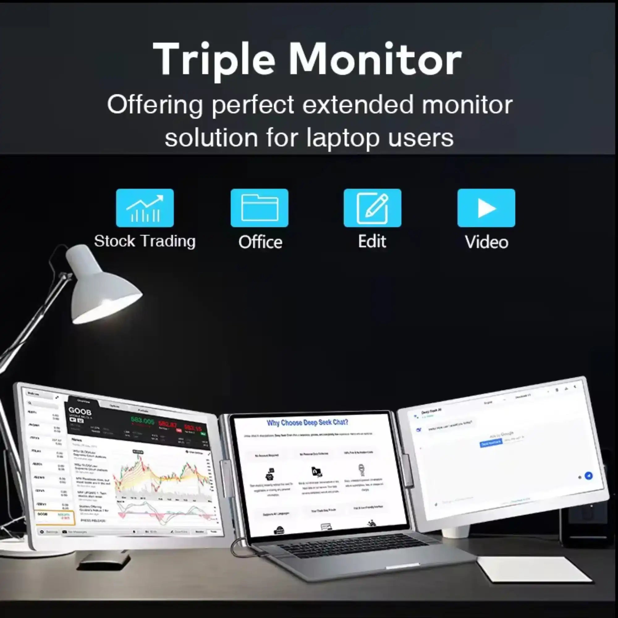 Triple portable monitor setup for laptop on desk with stock trading, office, edit, and video icons, TUTT