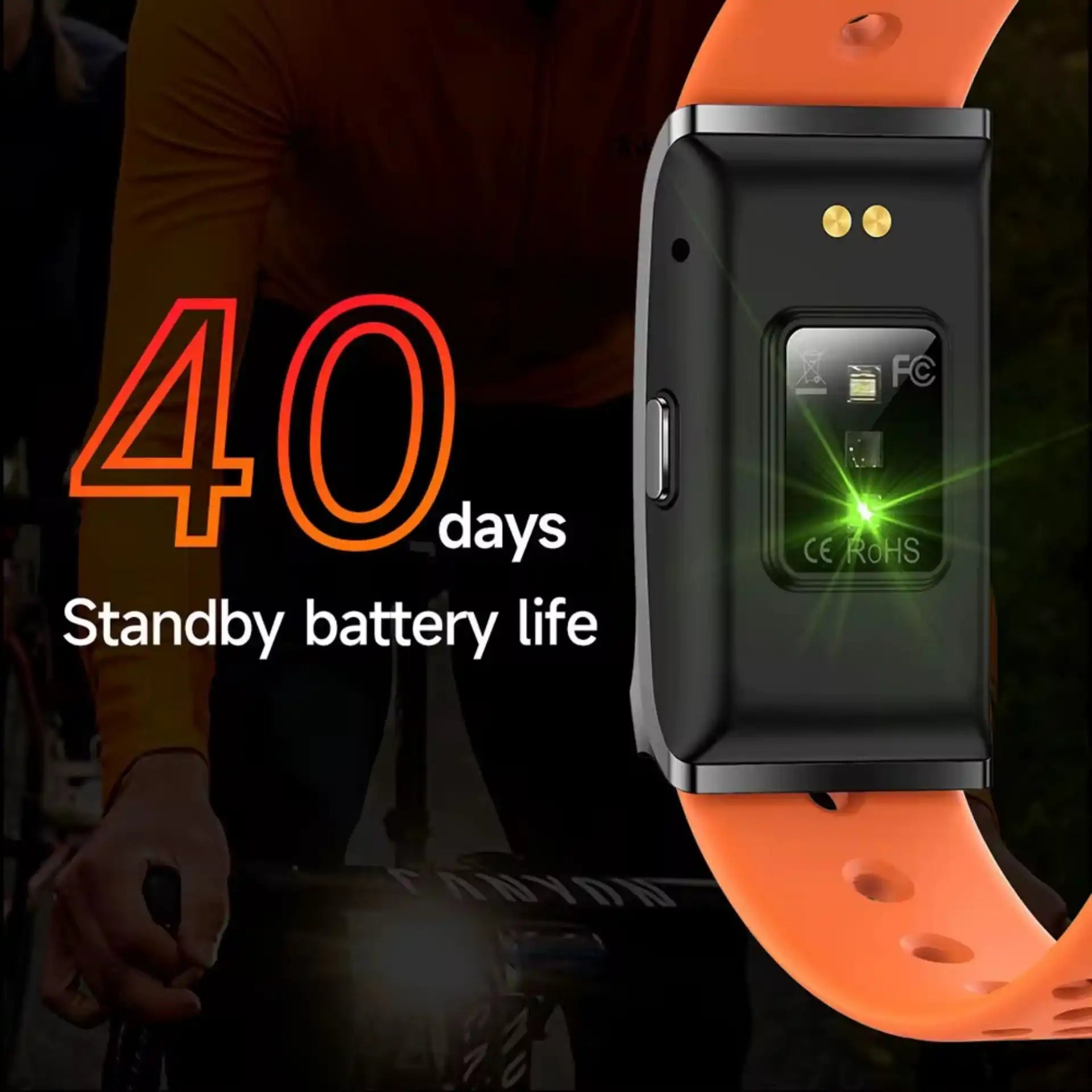 Smart bracelet with orange wristband, heart rate sensor, and 40 days standby battery life. TUTT