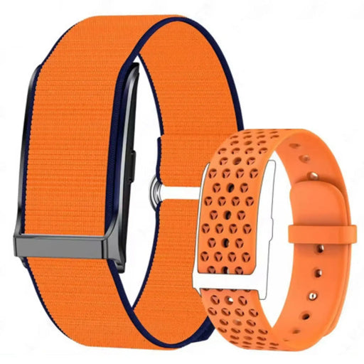 Two orange smartwatch bands, one mesh and one perforated silicone, isolated on white. TUTT