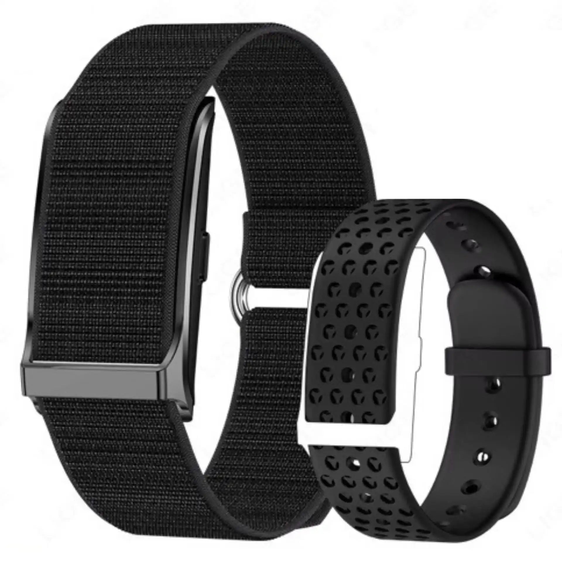 Two interchangeable black smartwatch bands, one nylon and one perforated silicone, TUTT