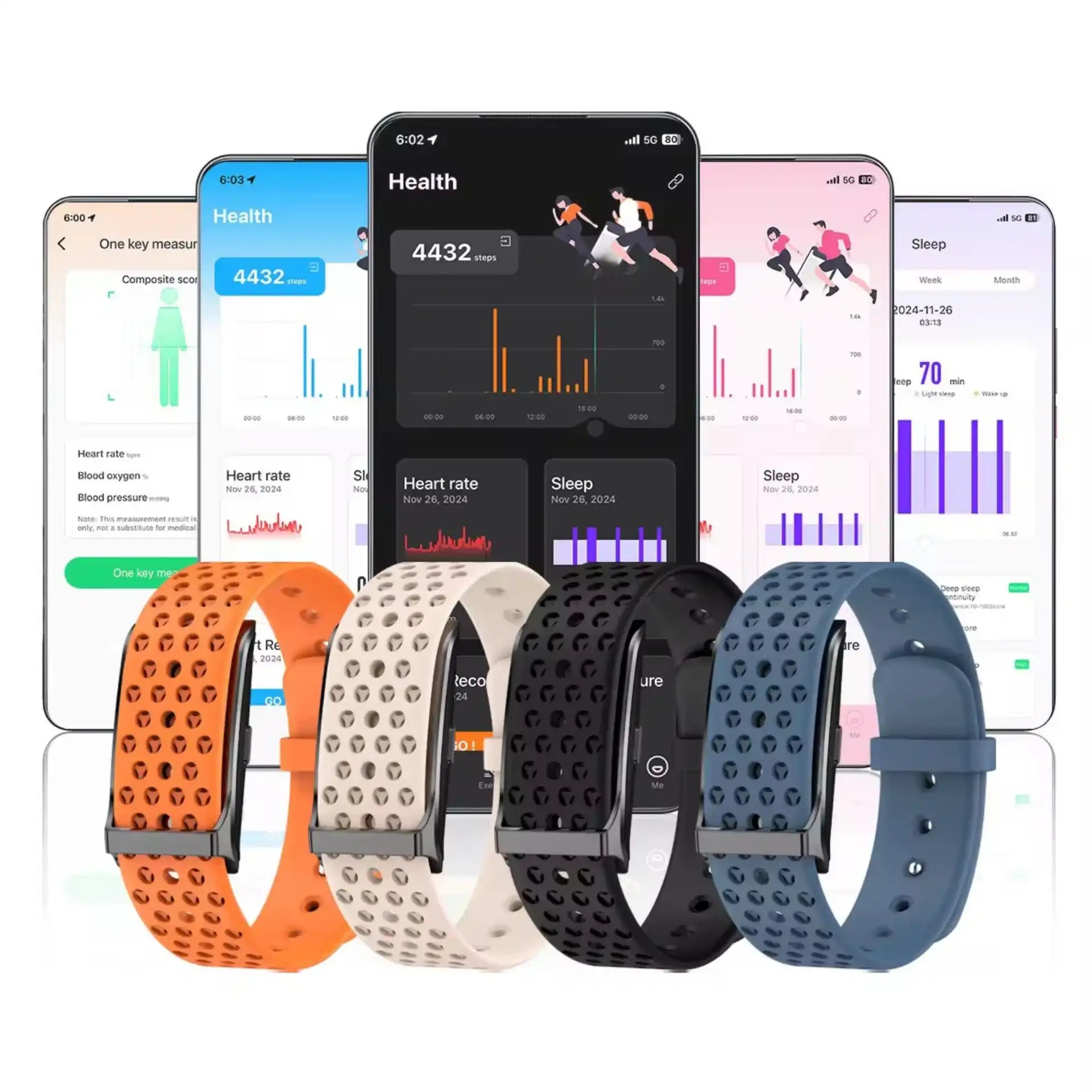 Colorful smart fitness bracelets with health tracking stats on smartphone screens, TUTT
