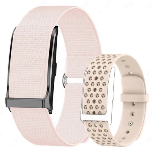 Two interchangeable smart bracelet bands, one pink mesh and one beige with perforations, TUTT