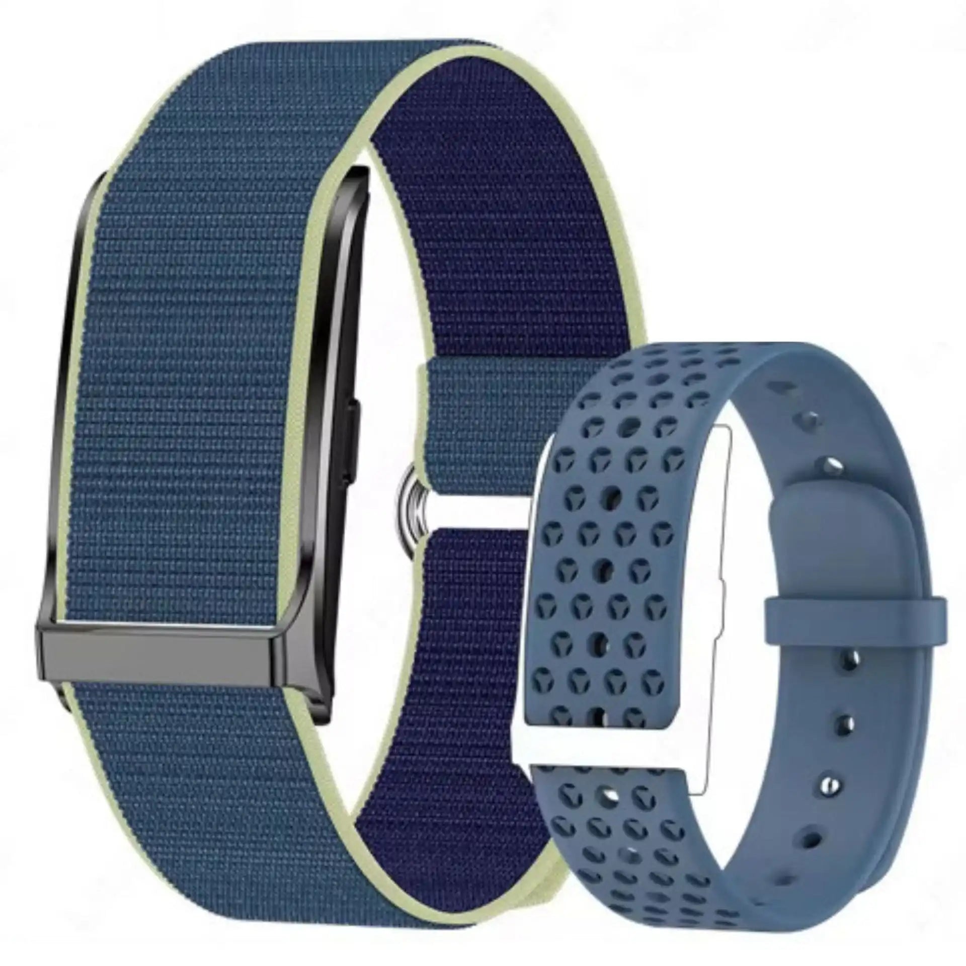 Two smart bracelet wristbands, one with a blue nylon strap and one with a blue perforated silicone band, both for fitness or smartwatch use, TUTT at end