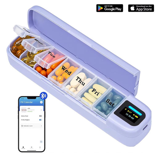 Purple smart pill organizer with labeled daily compartments and connected smartphone app for medication tracking TUTT
