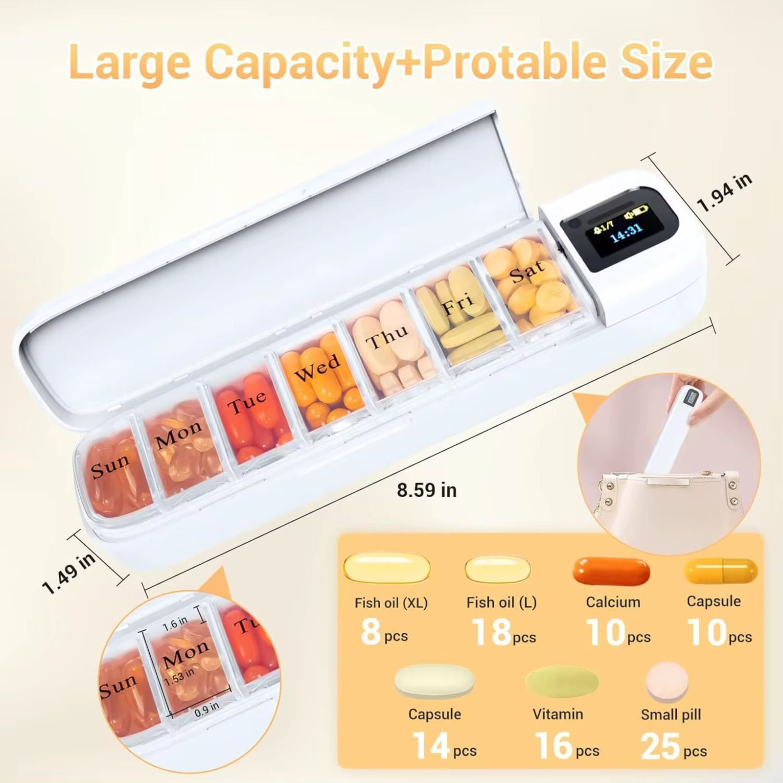 Smart pill organizer with large capacity compartments for each weekday, digital timer display, portable size TUTT