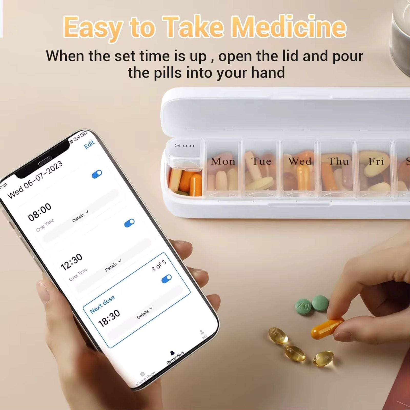 Weekly pill organizer with daily compartments and smartphone showing medication reminders, hand picking pills TUTT