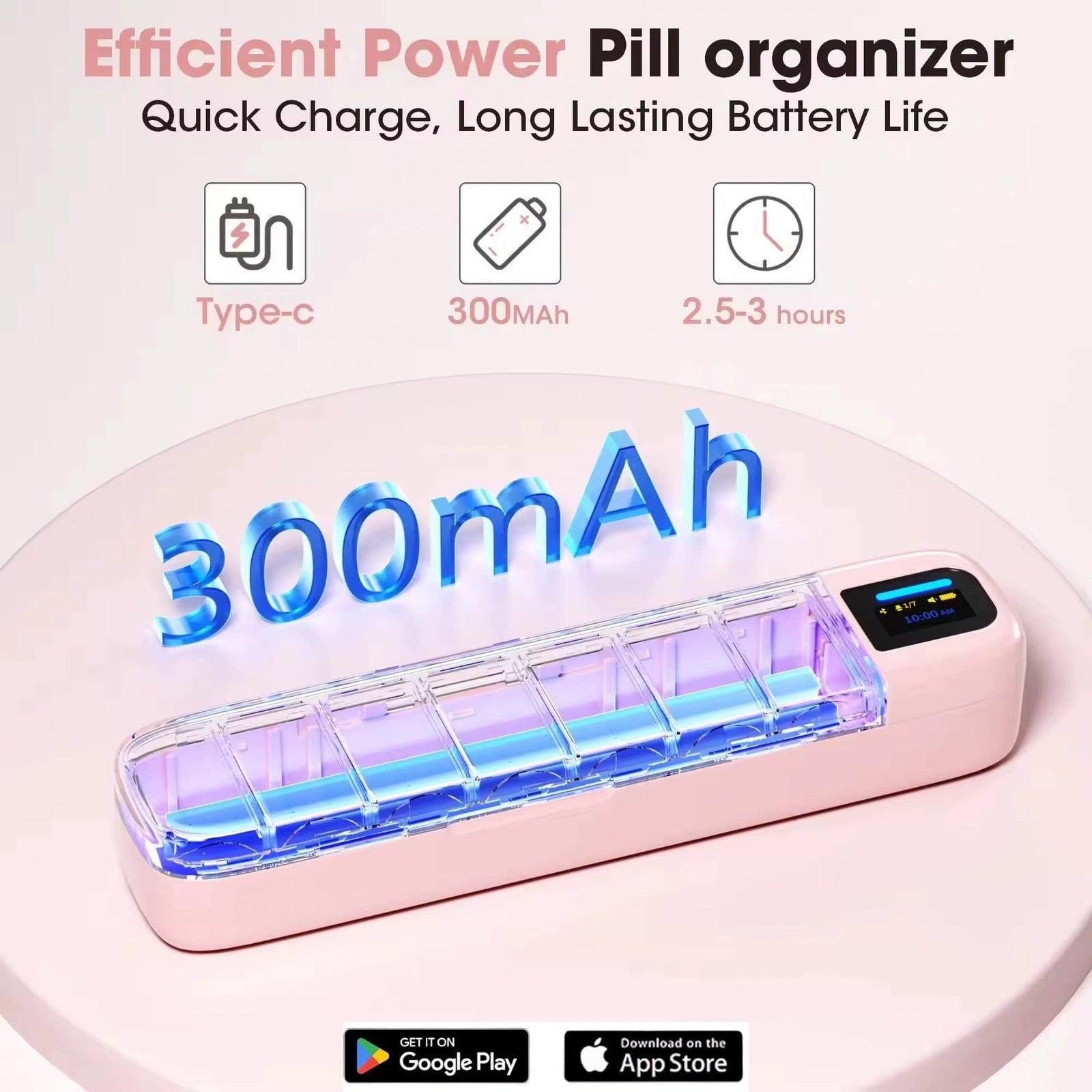 Pink smart pill organizer with clear compartments and digital display, 300mAh battery, Type-C quick charge, 2.5-3 hour charge time, app support TUTT