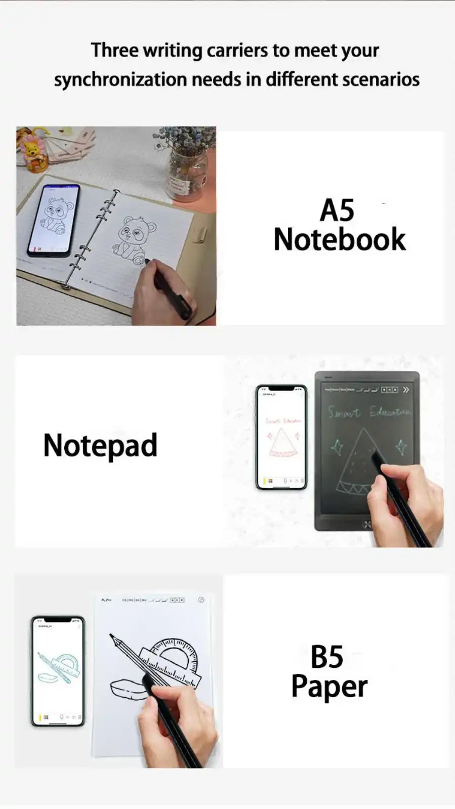 Collage showing A5 notebook with hand drawing a panda, digital notepad with hand drawing geometric shapes, and B5 paper with hand sketching rulers, all synchronized with smartphone screens TUTT