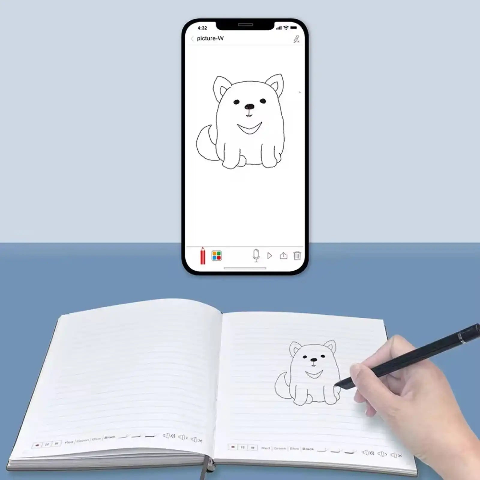 Hand drawing a simple cartoon dog in a notebook while a matching dog sketch is displayed on a smartphone screen TUTT