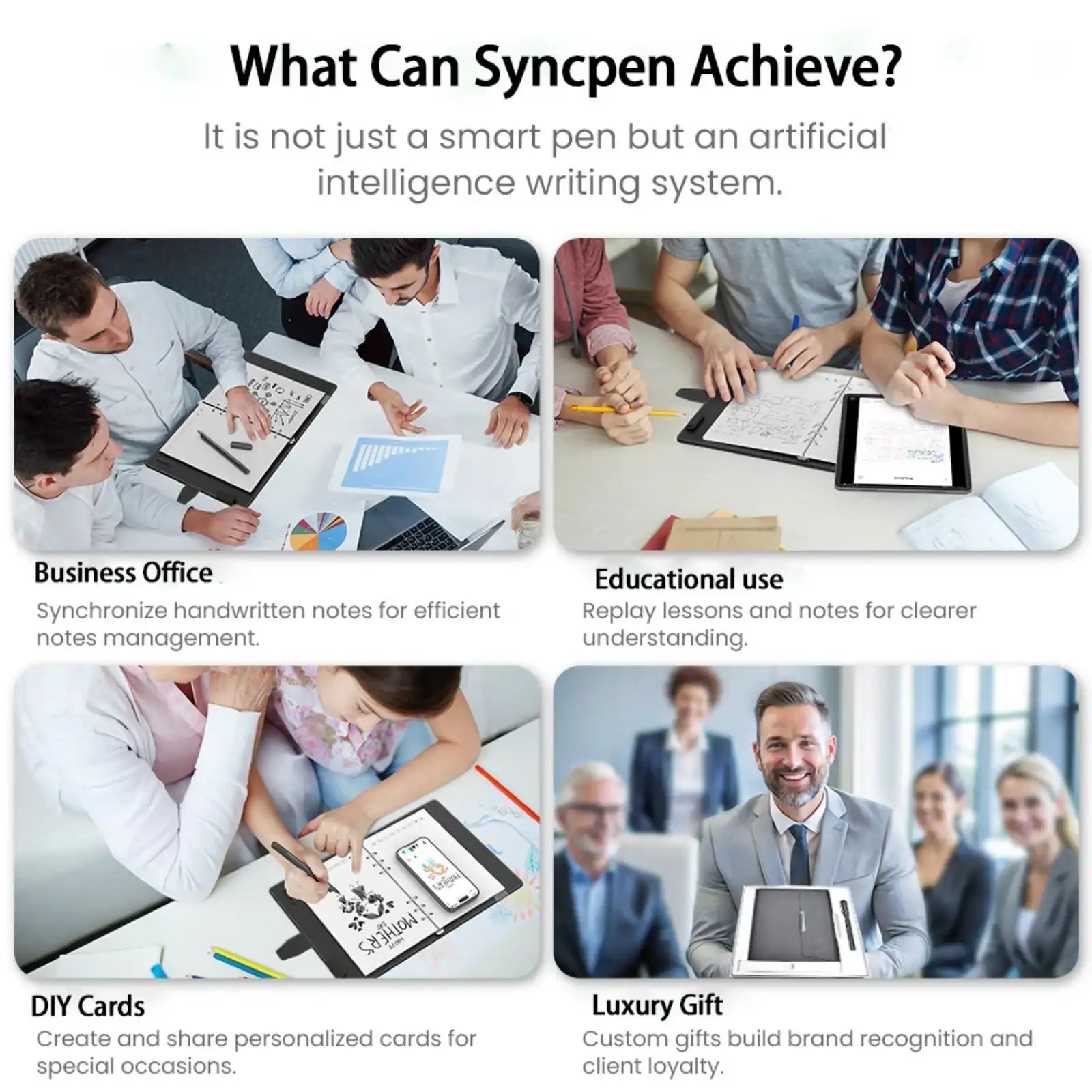 Collage showing smart pen uses: business meeting with notes, students studying, DIY card creating with child, businessman with luxury pen gift TUTT