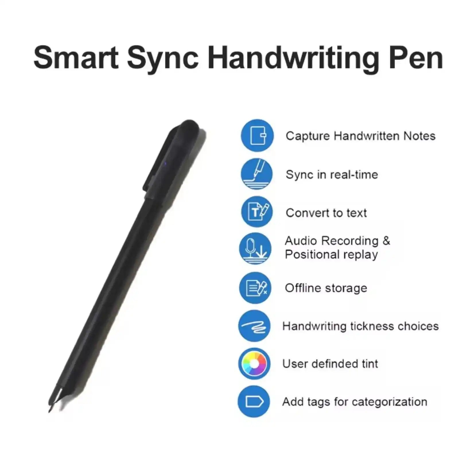 Black Smart Sync Handwriting Pen with features like real-time sync, text conversion, audio recording, and offline storage TUTT