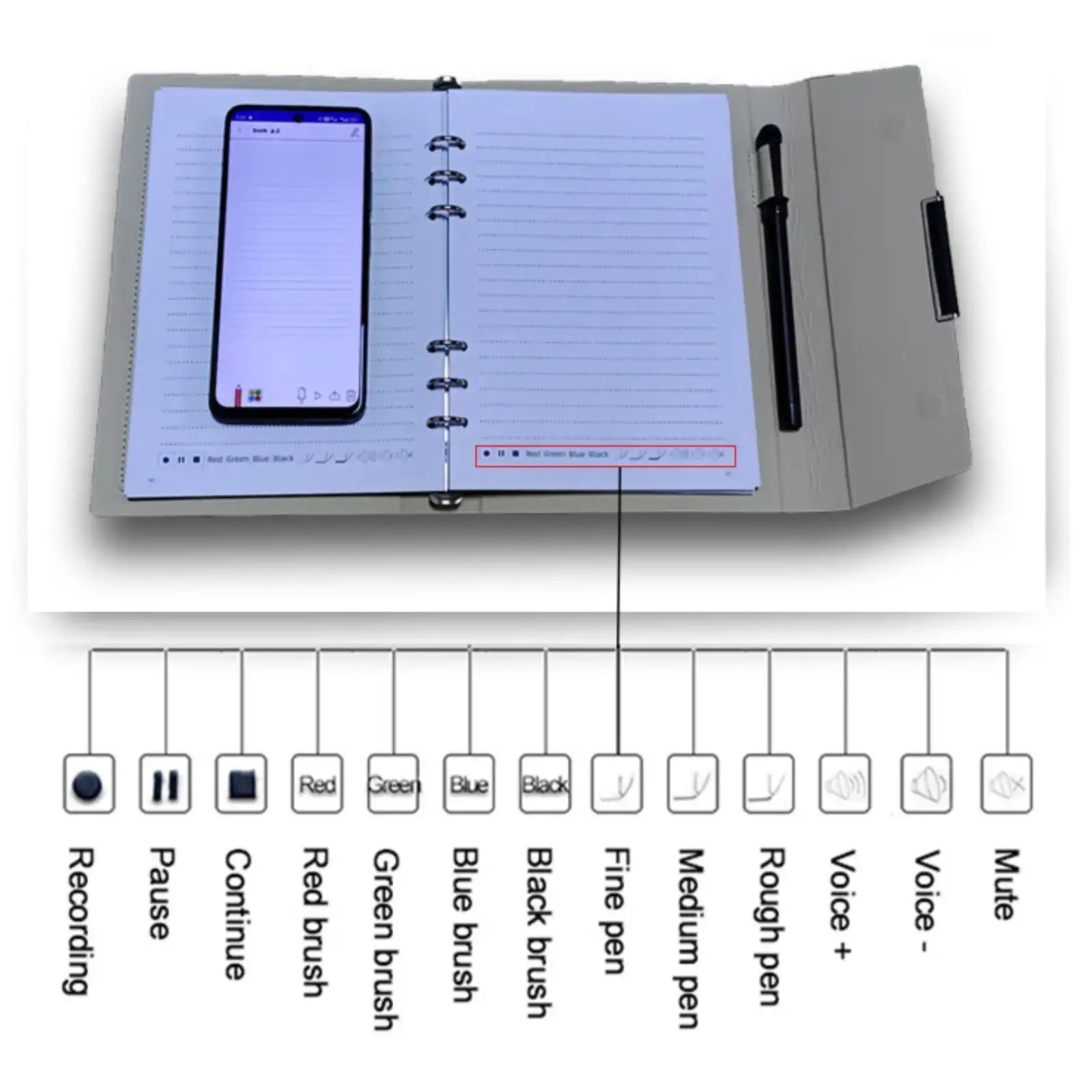 Smart notebook with pens and smartphone editing digital notes on lined paper TUTT