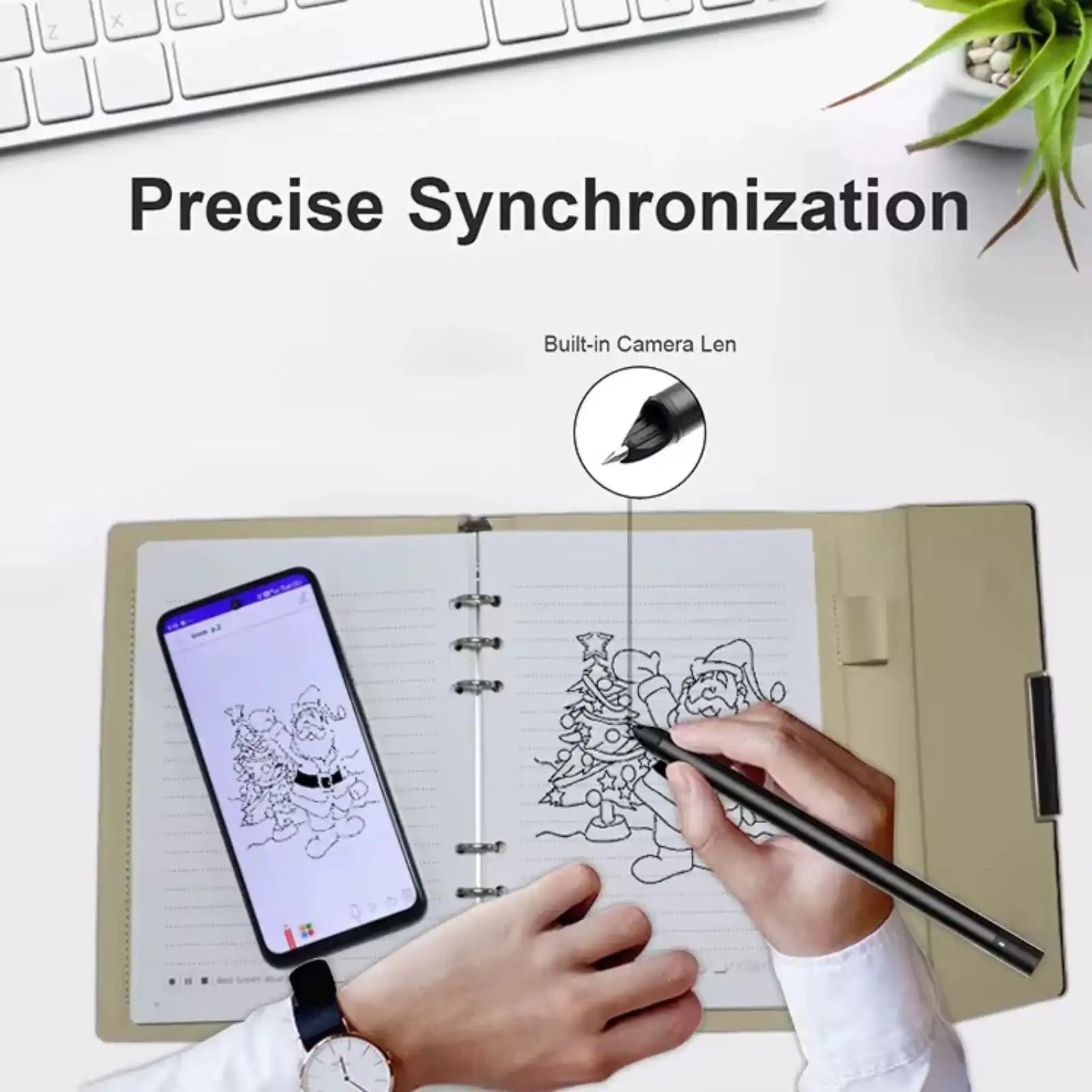 Hand drawing a Santa and Christmas tree sketch on a smart notebook with stylus pen and smartphone showing digital copy, precise synchronization TUTT