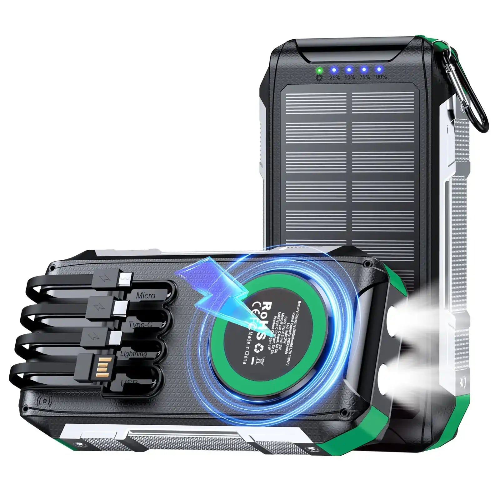 Black rugged 30000mAh solar power bank with built-in cables, wireless charging, and dual LED flashlight TUTT