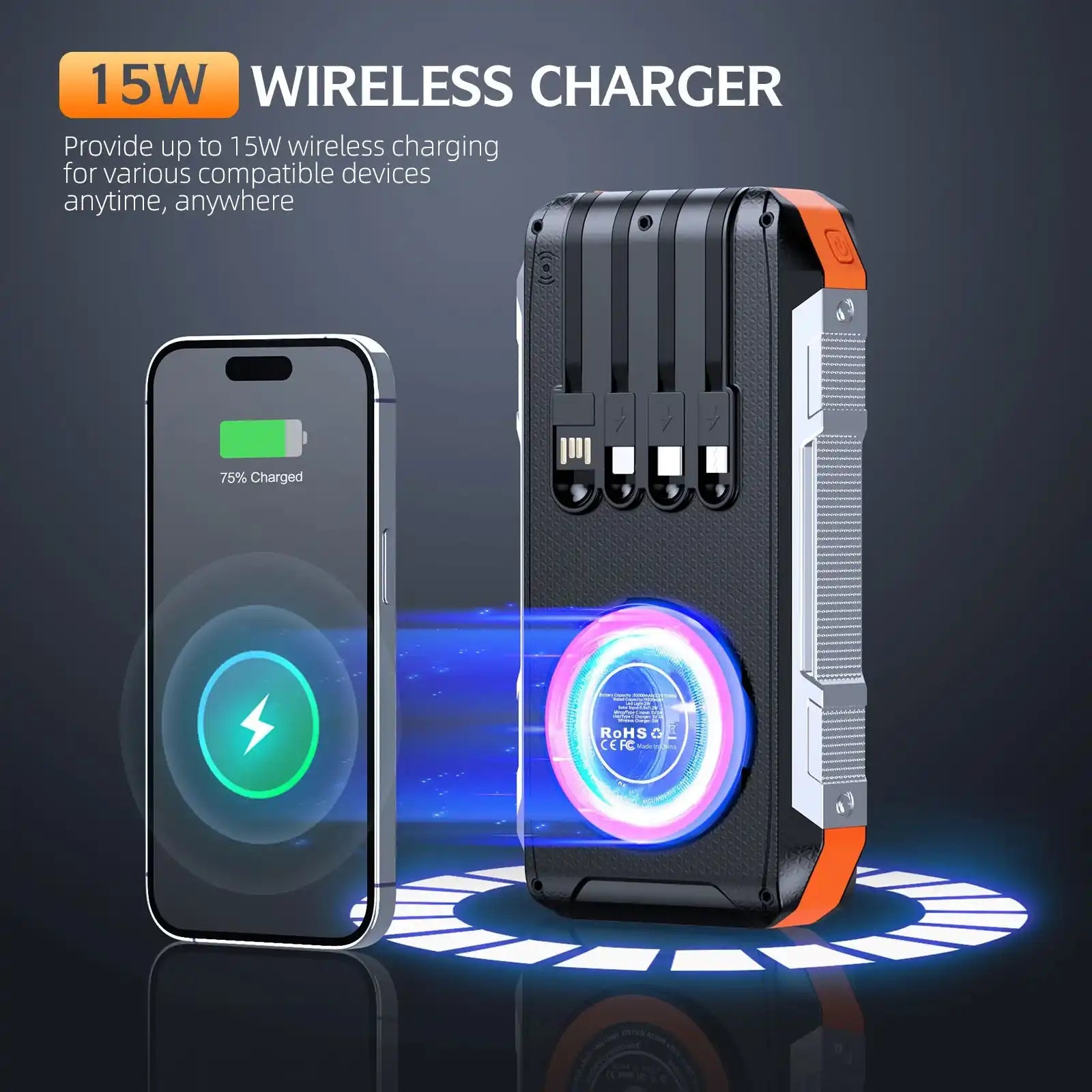 Rugged 30000mAh power bank with built-in cables and 15W wireless charging feature showing charging smartphone display TUTT