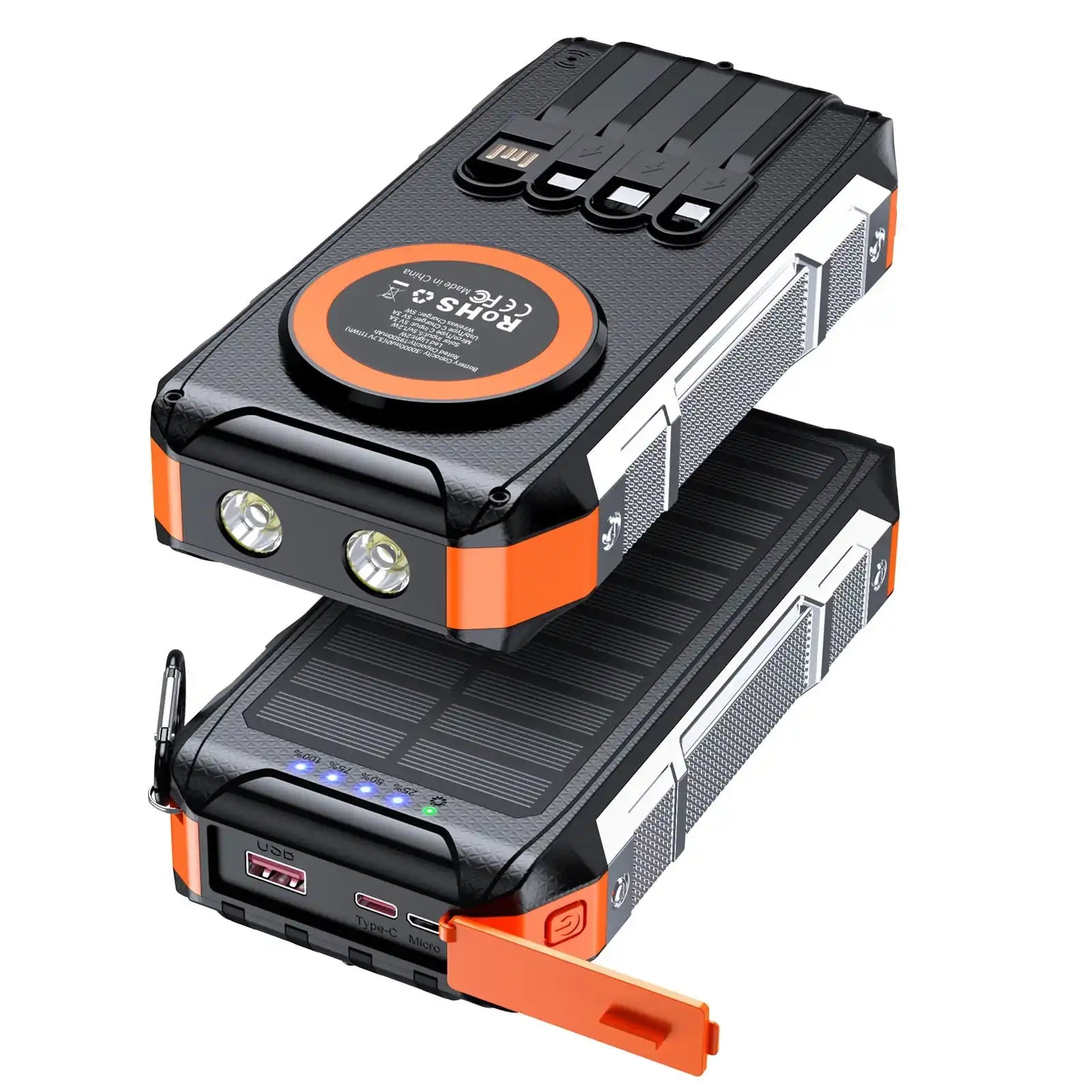 Rugged 30000mAh solar power bank with wireless charging, built-in cables, dual LED flashlight, USB ports, and LED battery indicator, black and orange TUTT